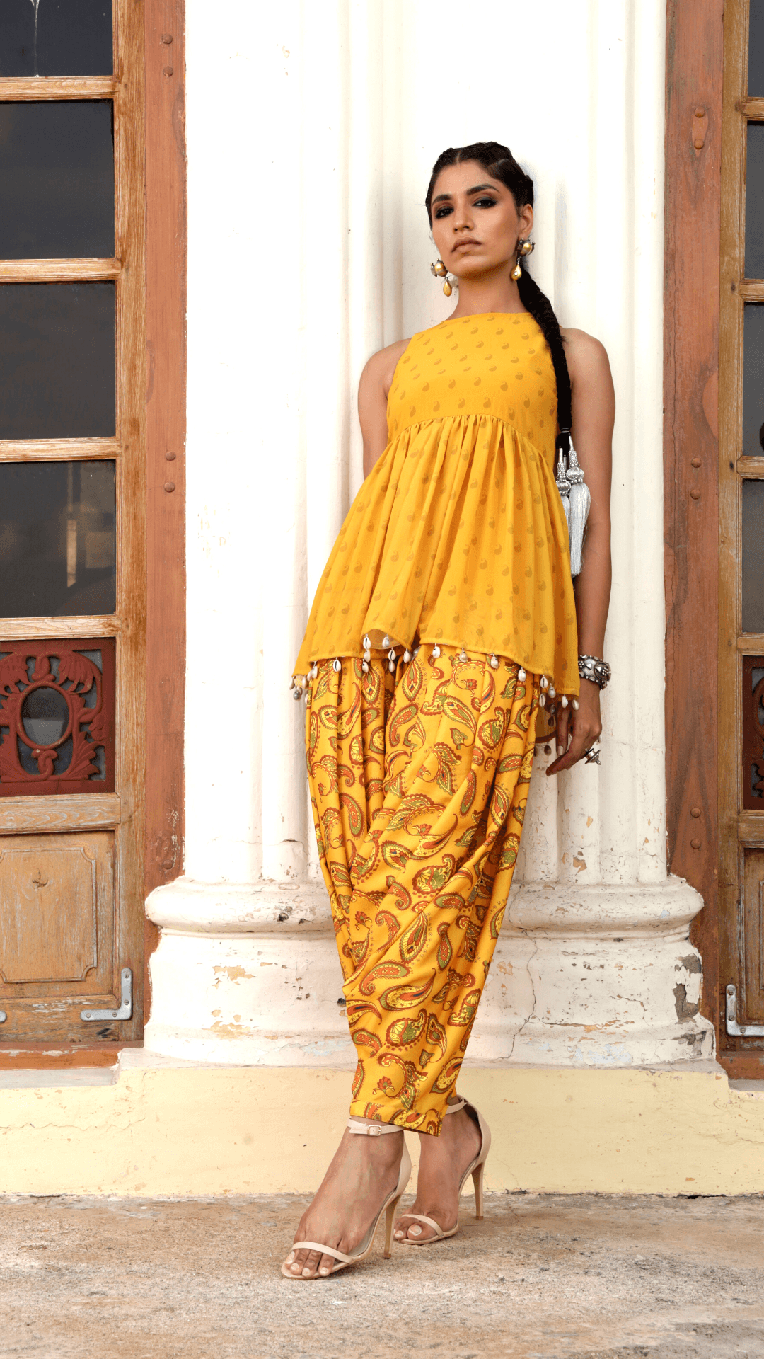Paheli Top & Dhoti with Embroidered Belt - Turmeric Yellow - Monk & Mei