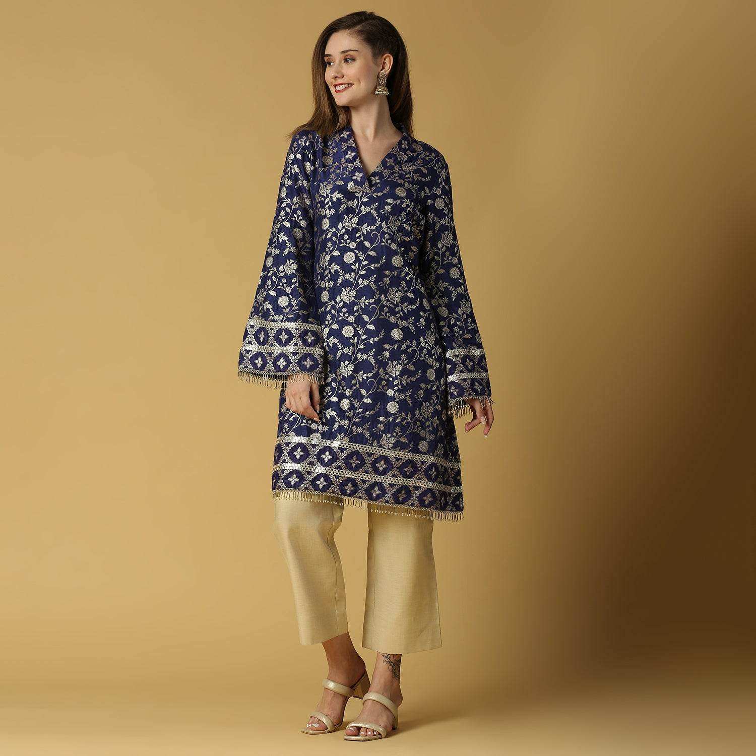 Kavya-Pakistani Kurta with gold pant-Deep Blue - Monk & Mei