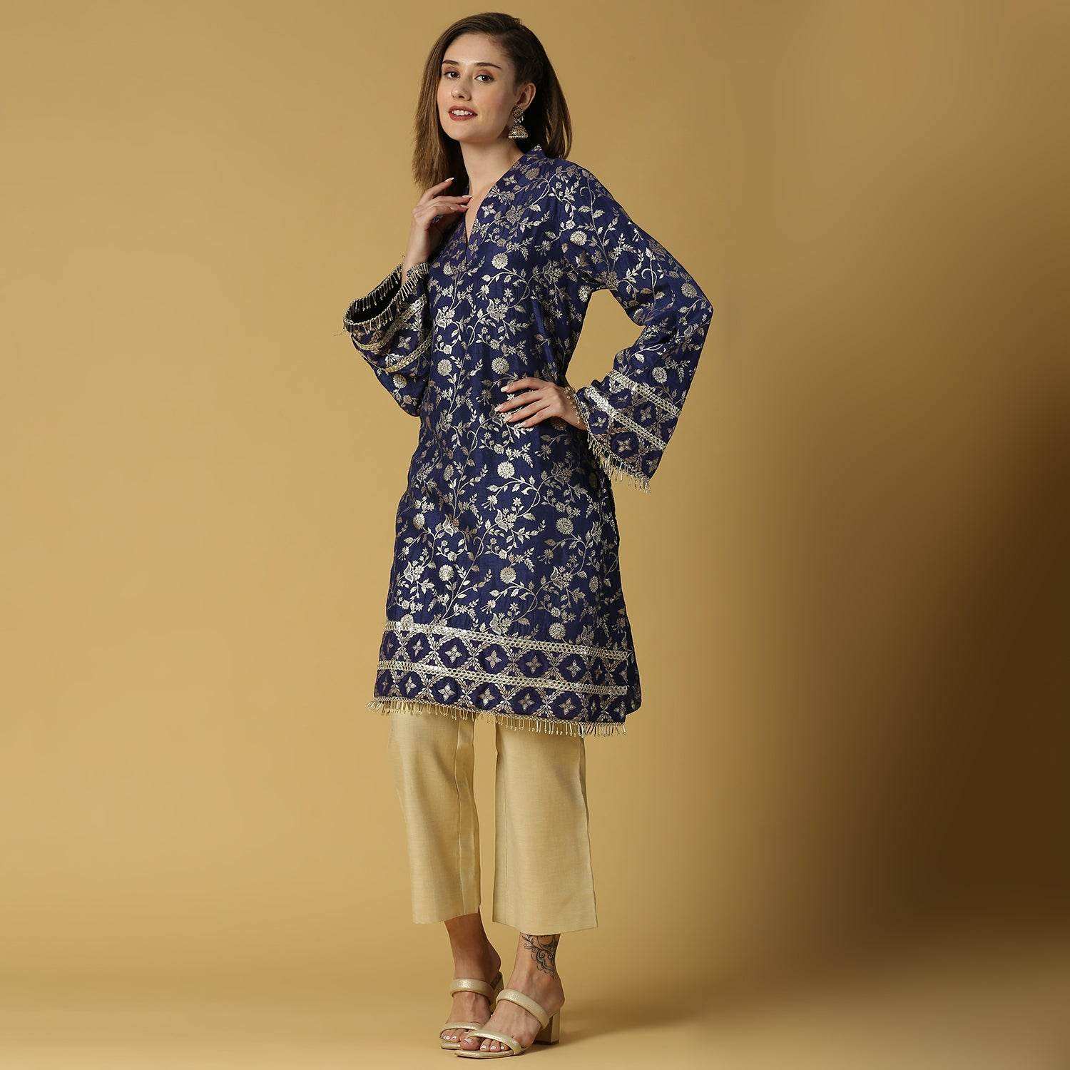Kavya-Pakistani Kurta with gold pant-Deep Blue - Monk & Mei