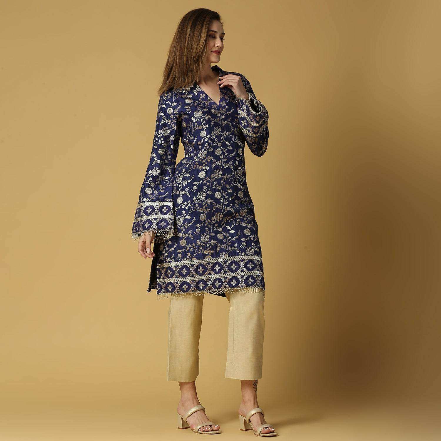 Kavya-Pakistani Kurta with gold pant-Deep Blue - Monk & Mei