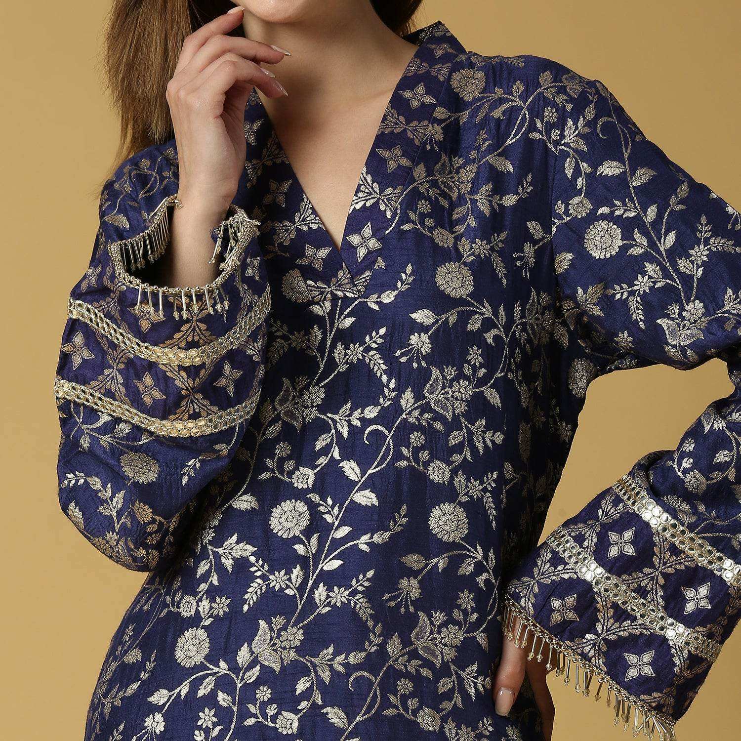 Kavya-Pakistani Kurta with gold pant-Deep Blue - Monk & Mei