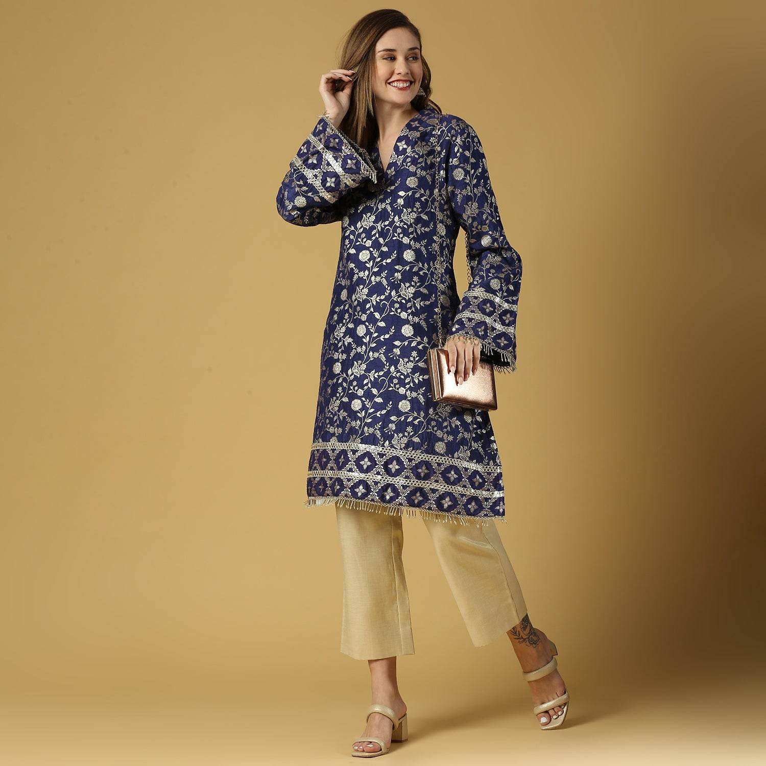 Kavya-Pakistani Kurta with gold pant-Deep Blue - Monk & Mei