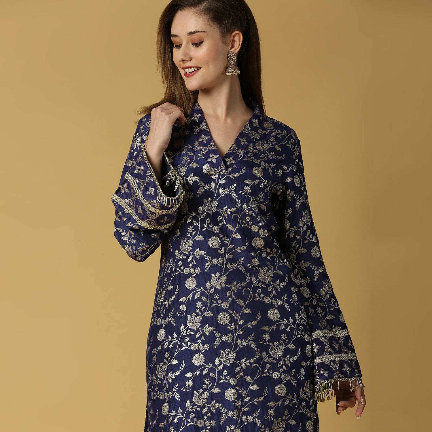 Kavya-Pakistani Kurta with gold pant-Deep Blue - Monk & Mei