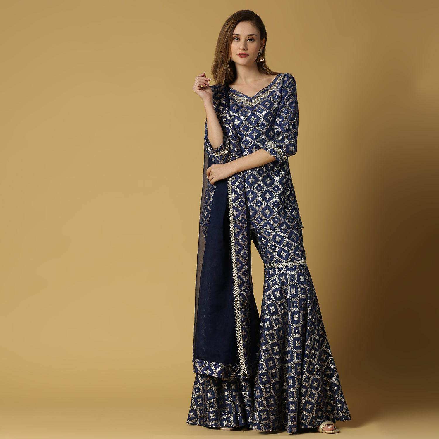 Kaynat-Brocade Kurta Sharara Set- Deep Blue - Monk & Mei