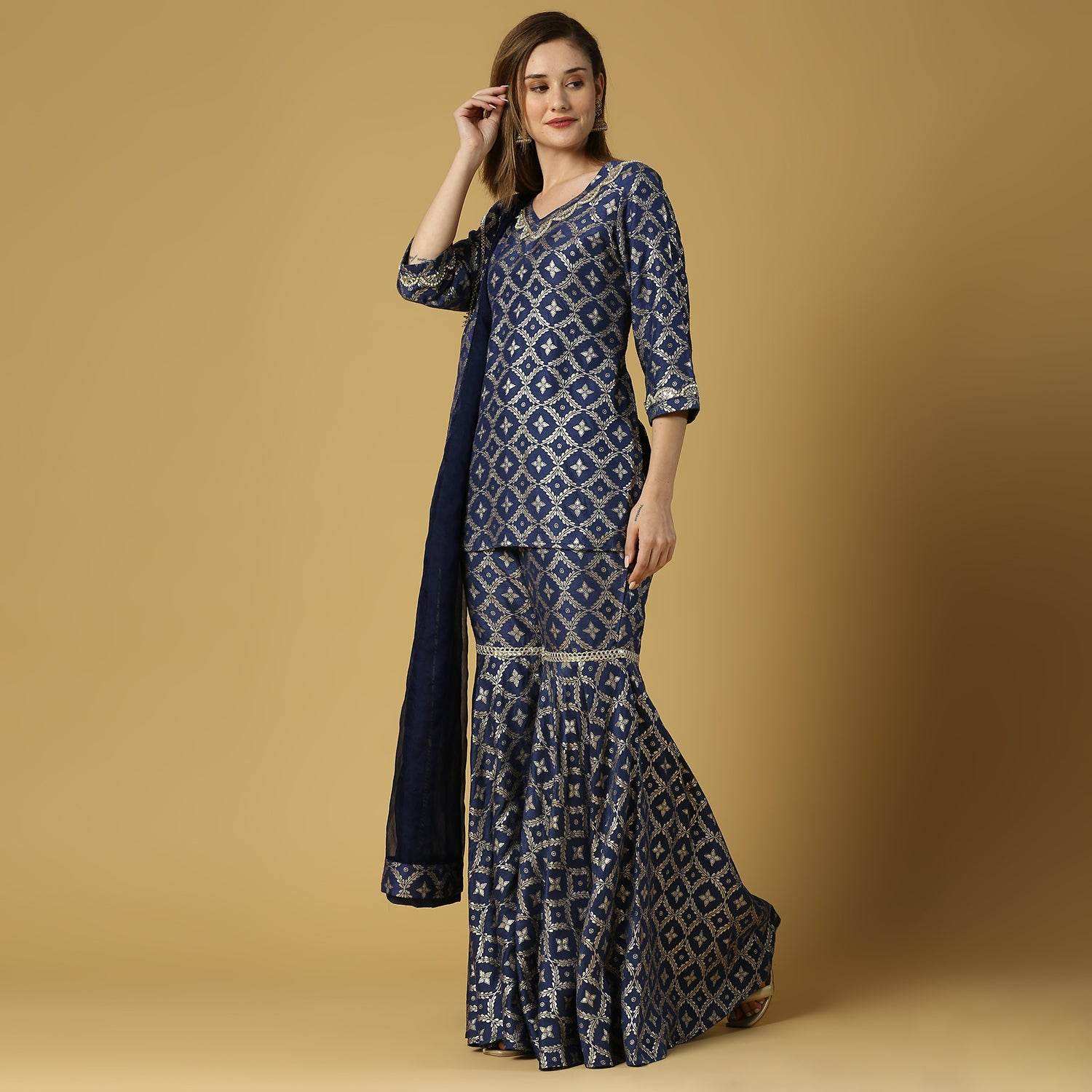 Kaynat-Brocade Kurta Sharara Set- Deep Blue - Monk & Mei