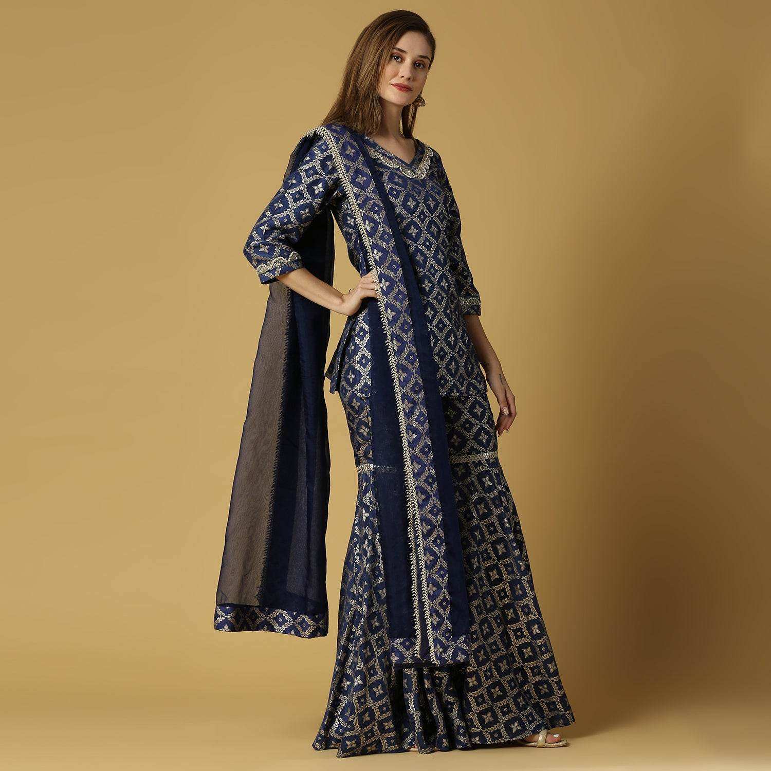 Kaynat-Brocade Kurta Sharara Set- Deep Blue - Monk & Mei