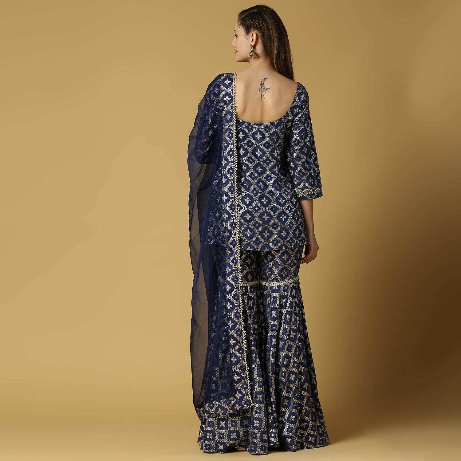 Kaynat-Brocade Kurta Sharara Set- Deep Blue - Monk & Mei