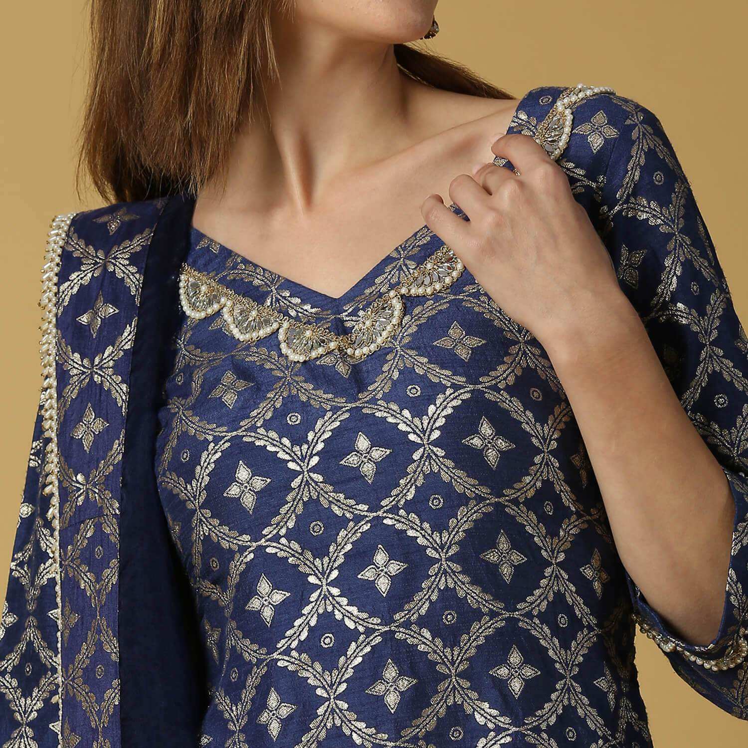 Kaynat-Brocade Kurta Sharara Set- Deep Blue - Monk & Mei