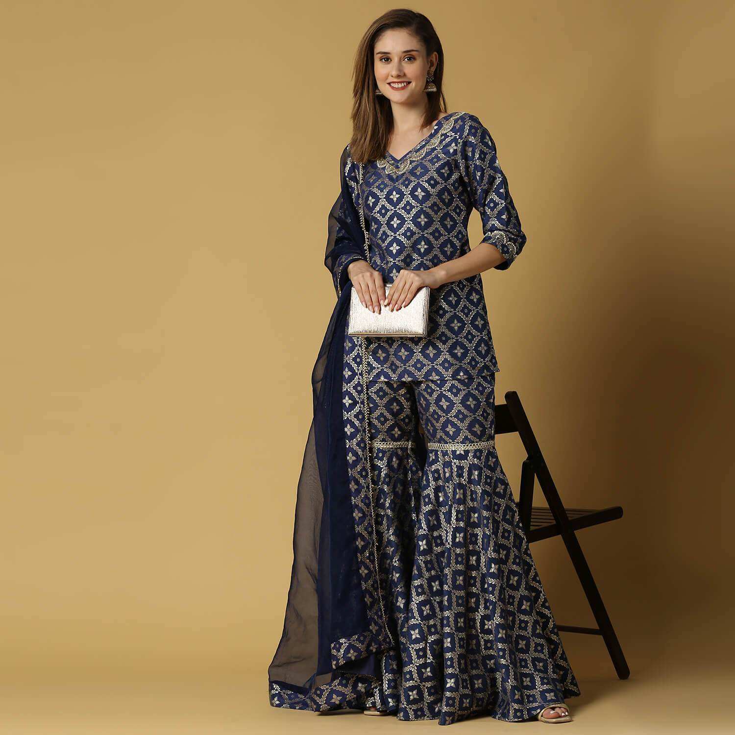 Kaynat-Brocade Kurta Sharara Set- Deep Blue - Monk & Mei