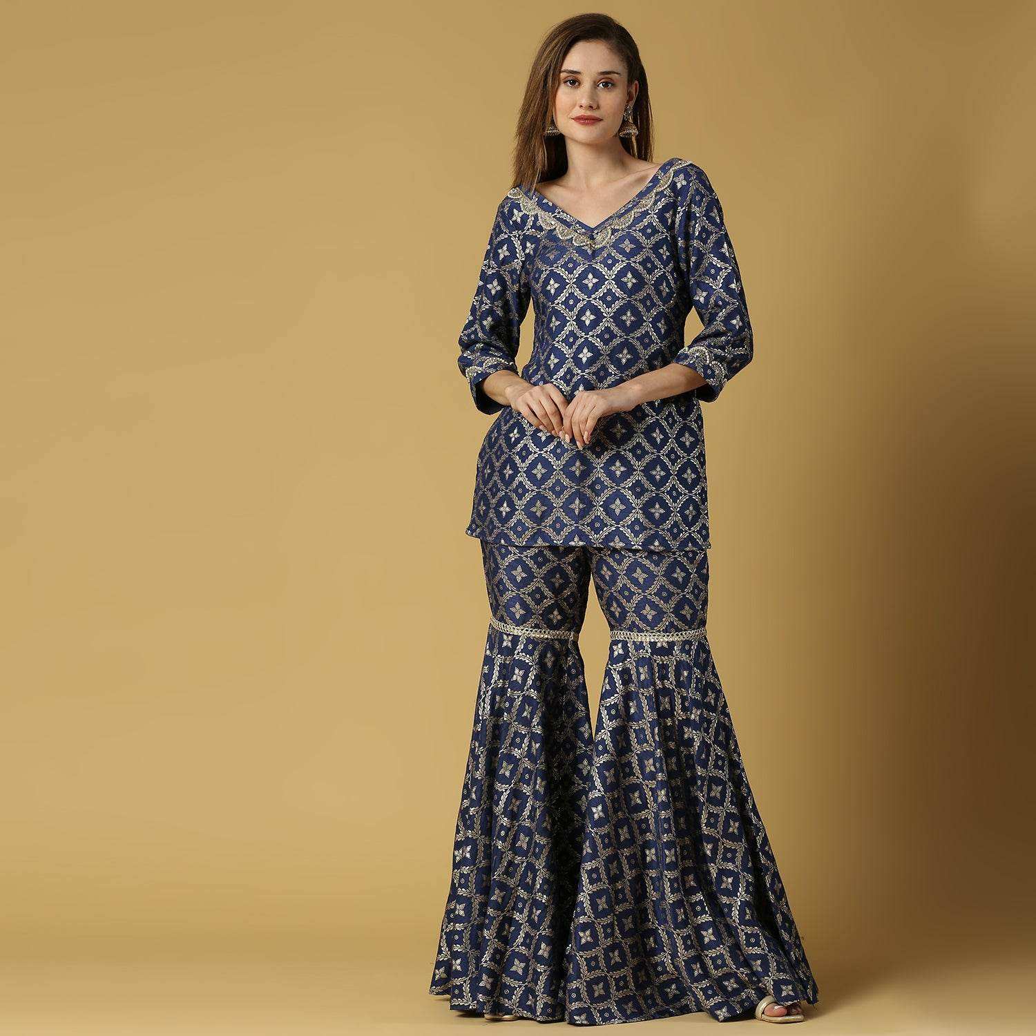 Kaynat-Brocade Kurta Sharara Set- Deep Blue - Monk & Mei