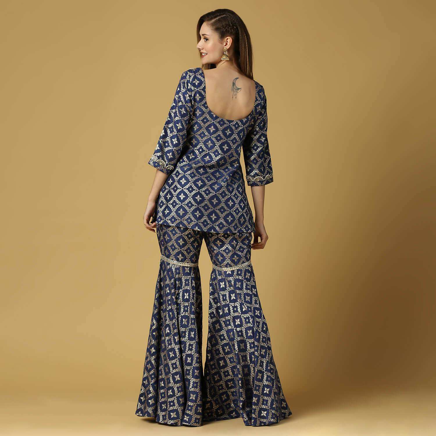 Kaynat-Brocade Kurta Sharara Set- Deep Blue - Monk & Mei