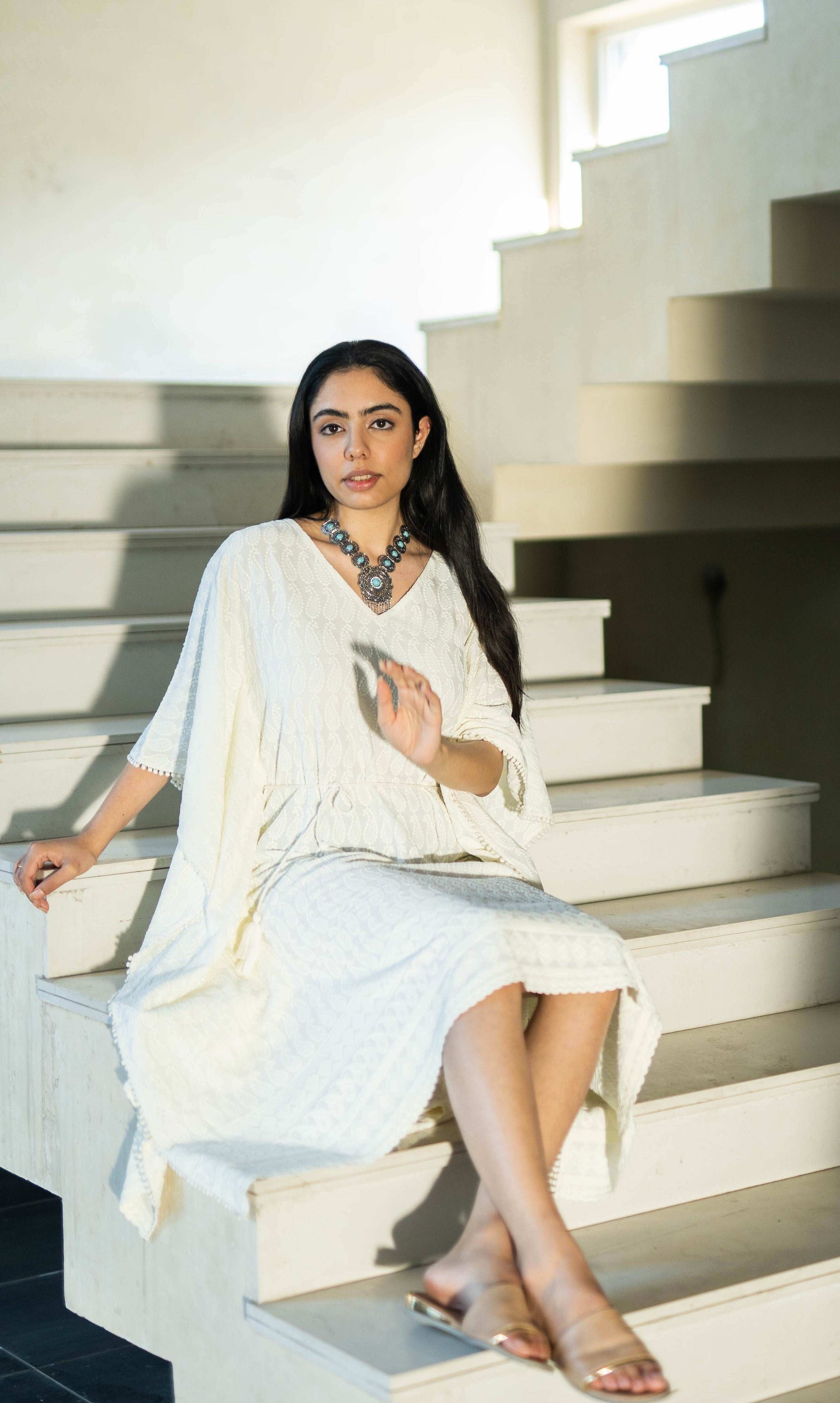 ADA- CHIKANKARI KAFTAN DRESS - Cream - Monk & Mei