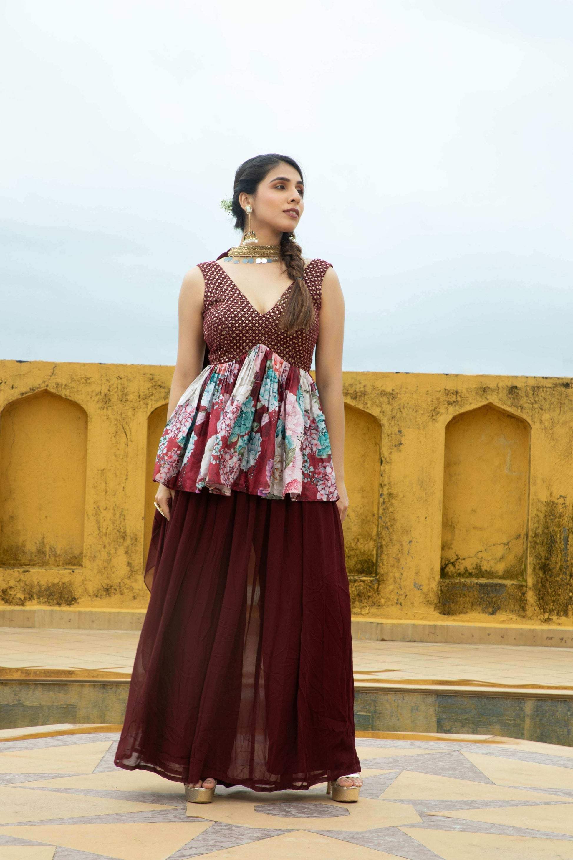 Nazneen - Top and Gharara Set Maroon - Monk & Mei