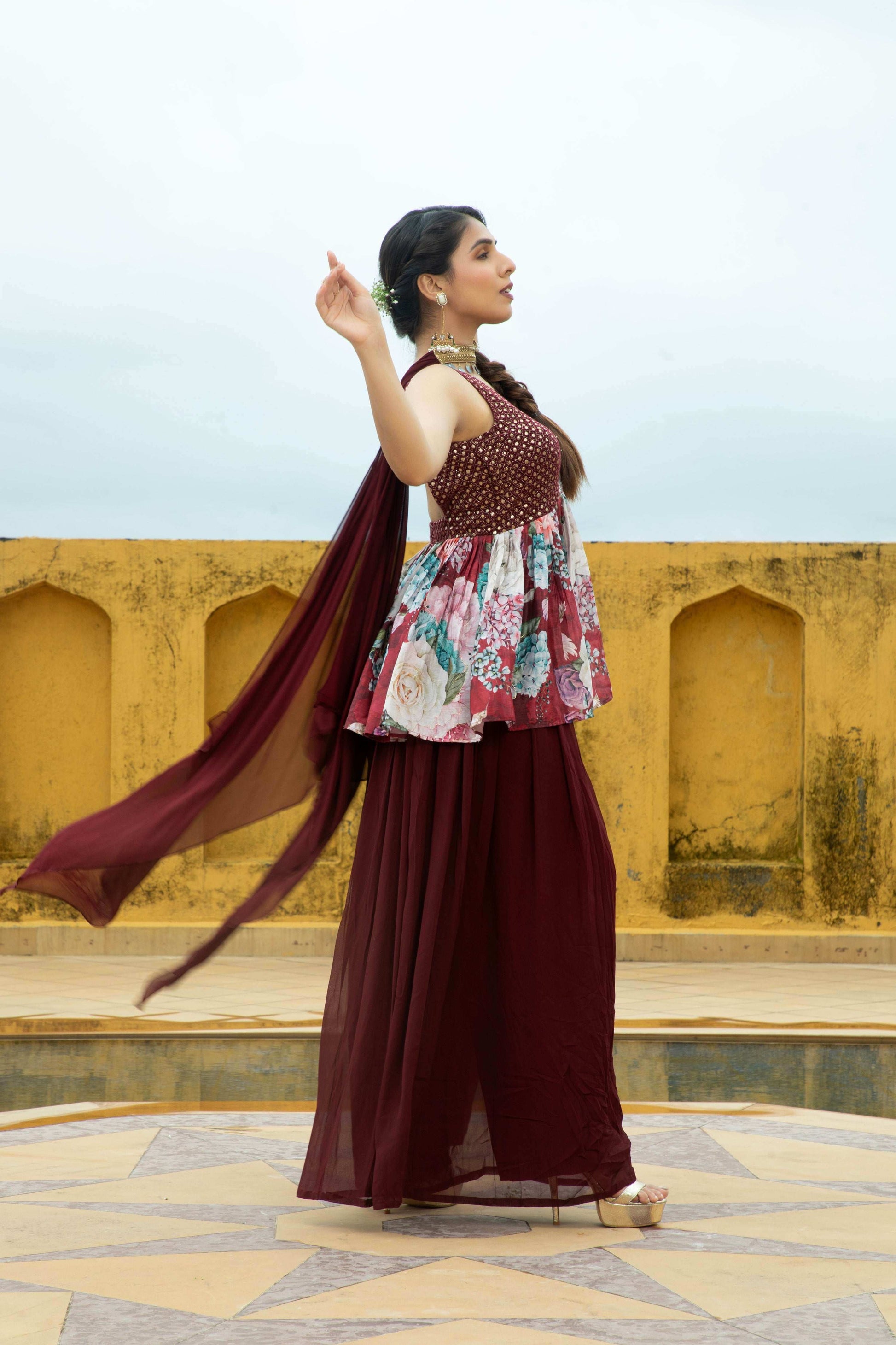 Nazneen - Top and Gharara Set Maroon - Monk & Mei