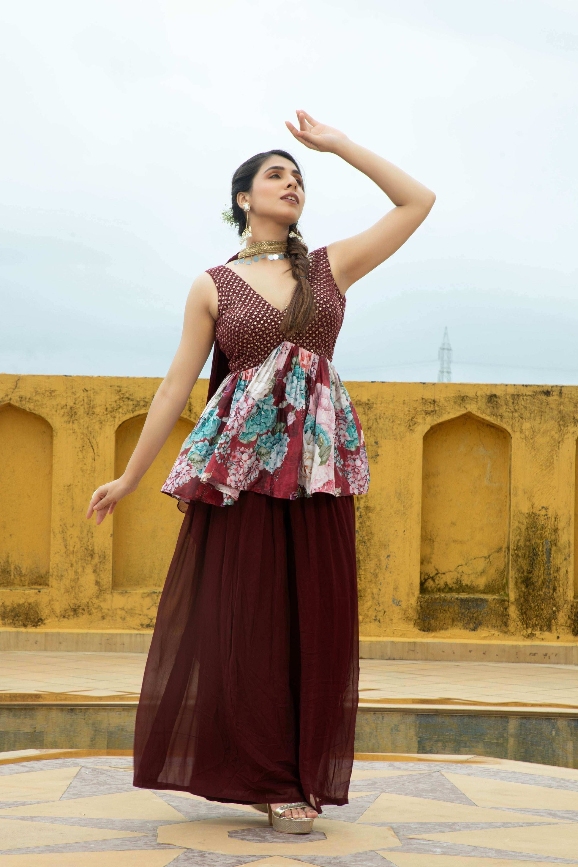 Nazneen - Top and Gharara Set Maroon - Monk & Mei