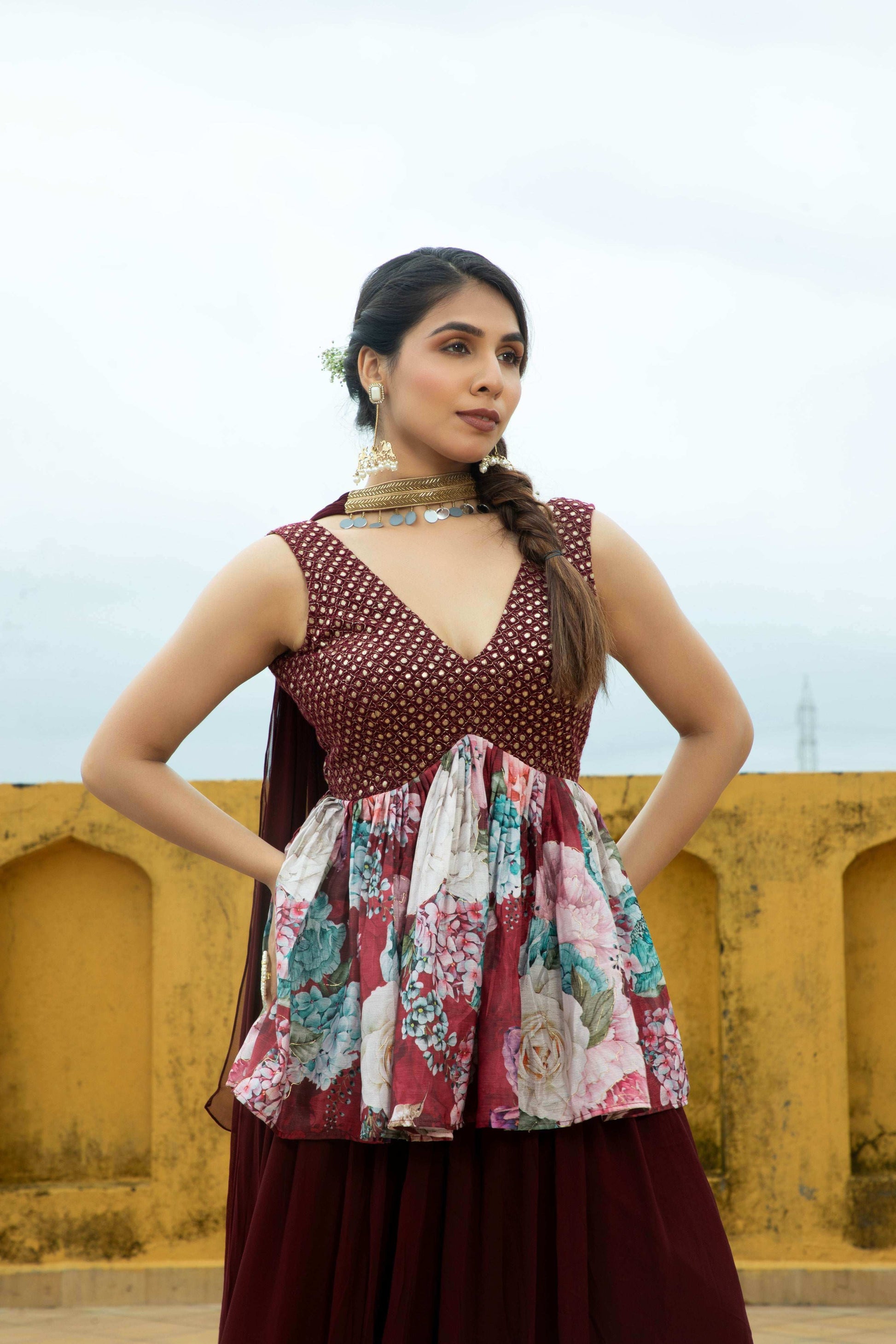 Nazneen - Top and Gharara Set Maroon - Monk & Mei