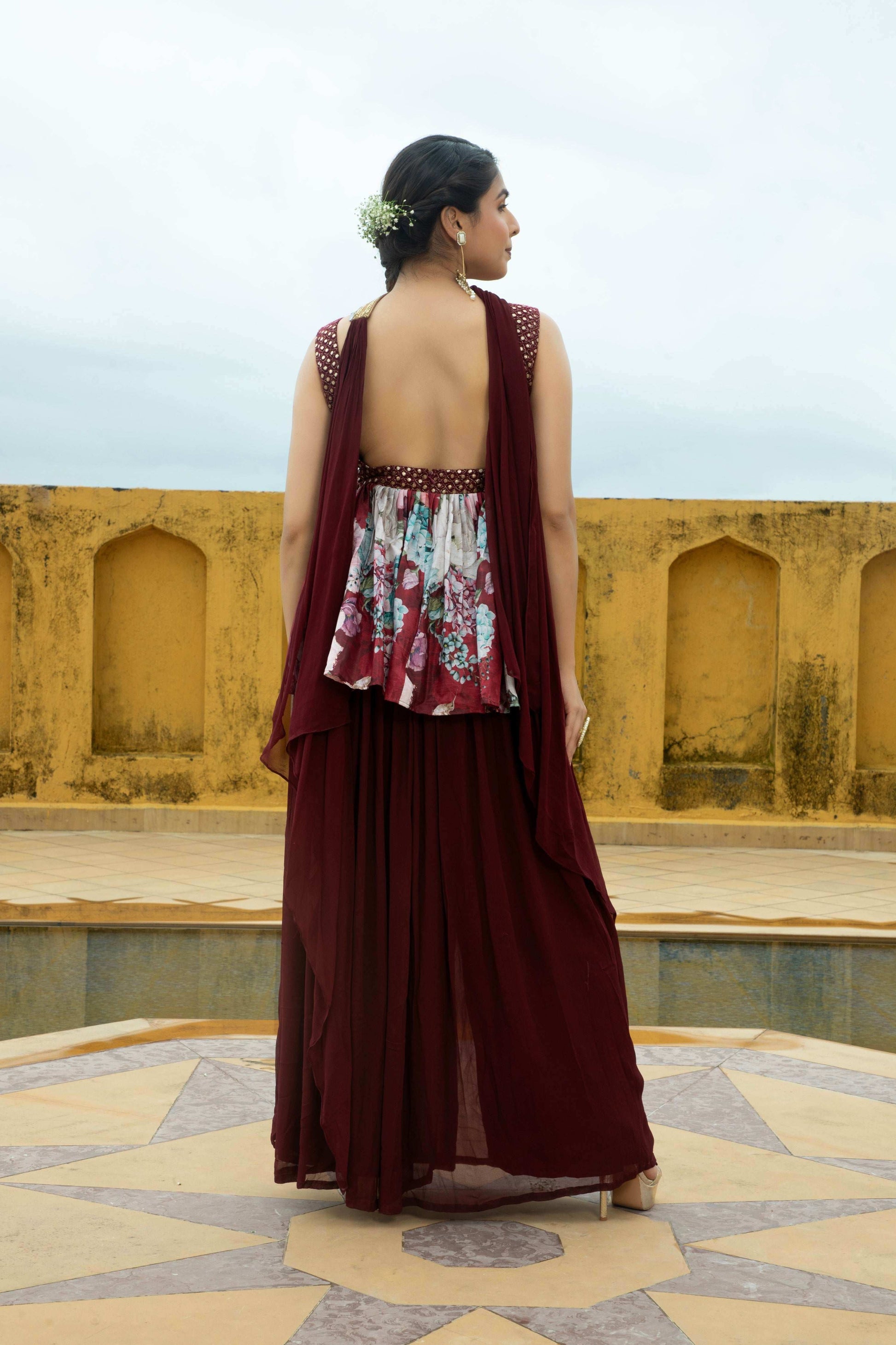 Nazneen - Top and Gharara Set Maroon - Monk & Mei
