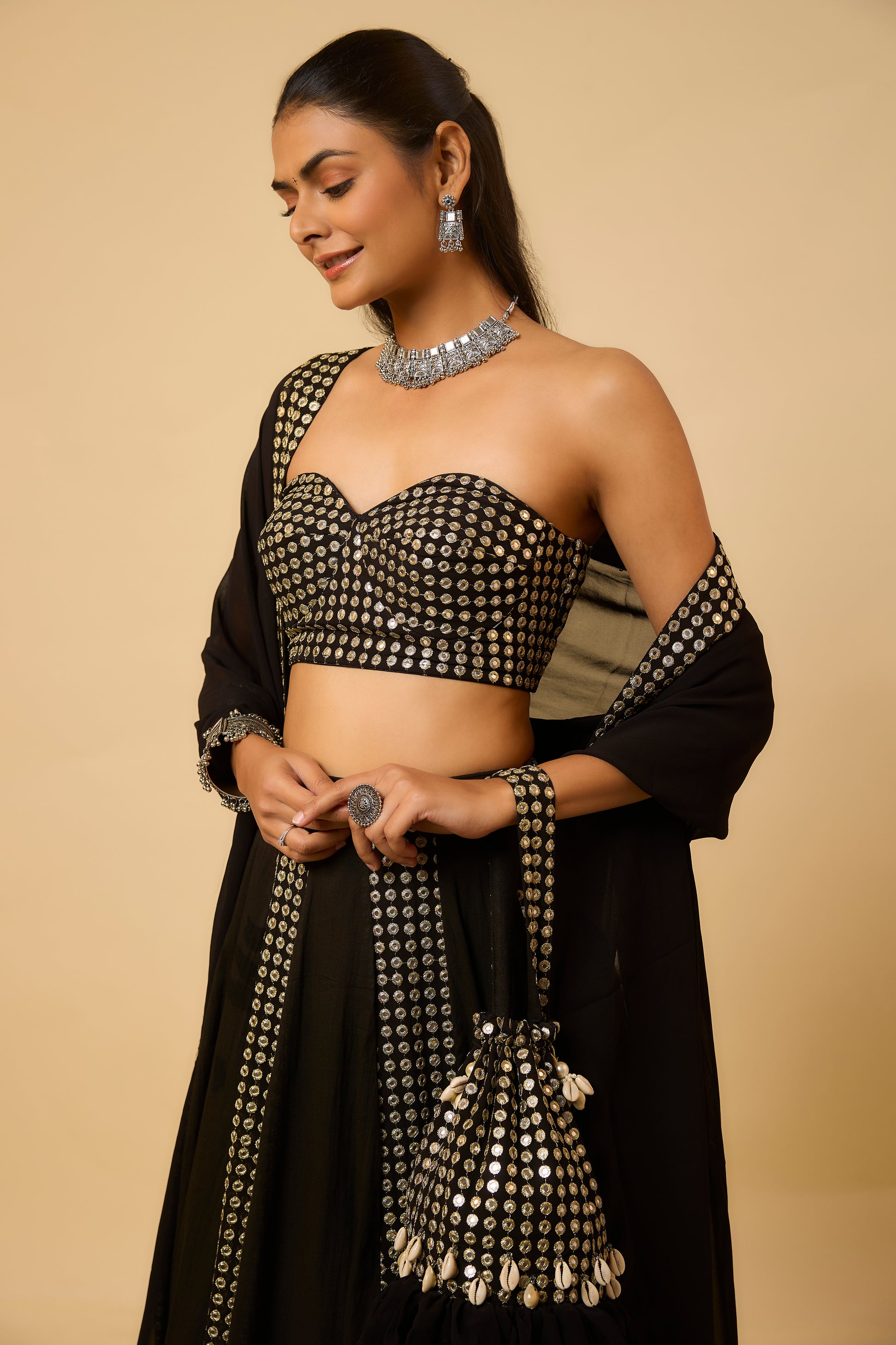 Sree - Lahenga ,corset , belt & Dupptta - Black