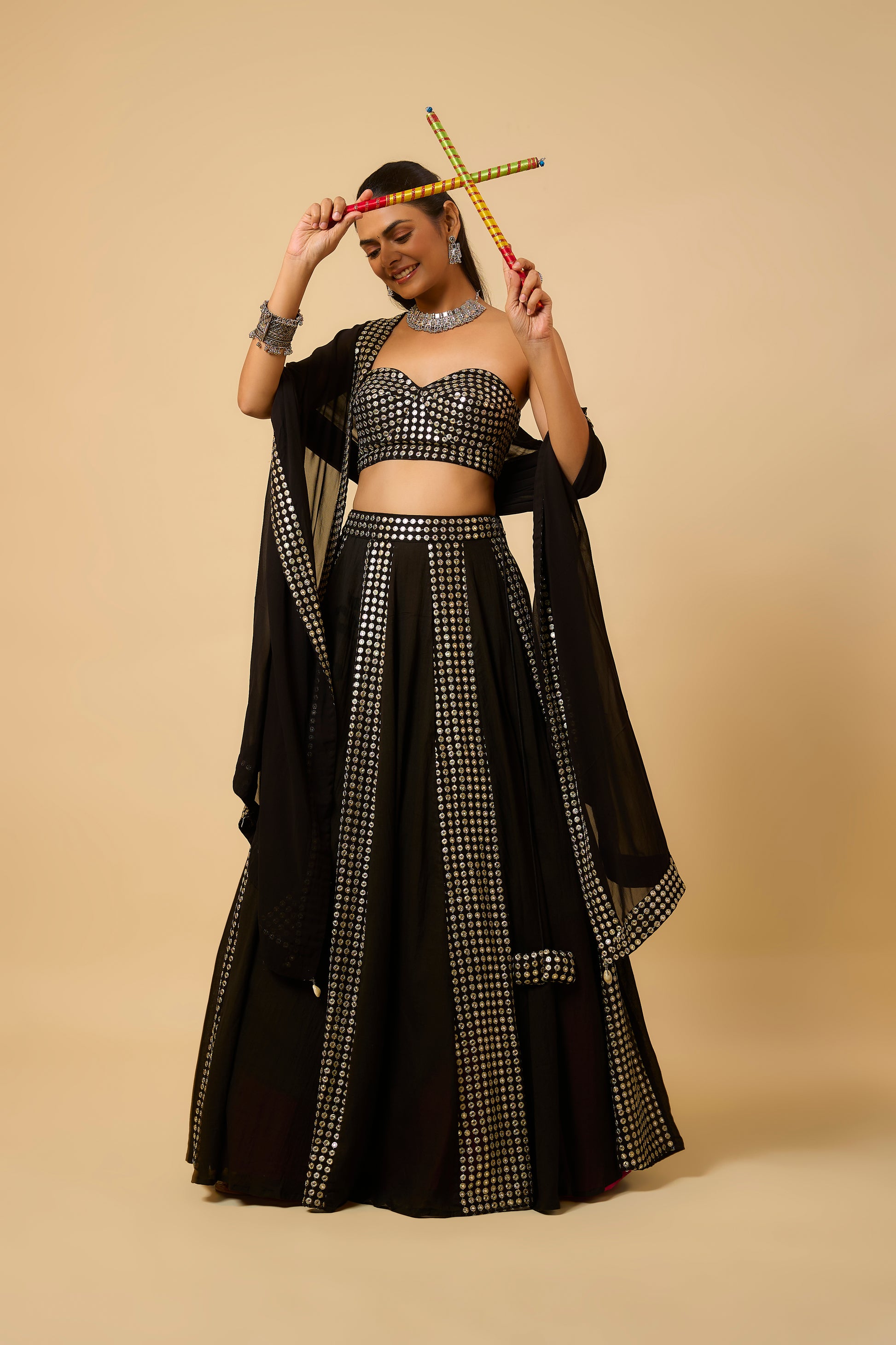 Sree - Lahenga ,corset , belt & Dupptta - Black