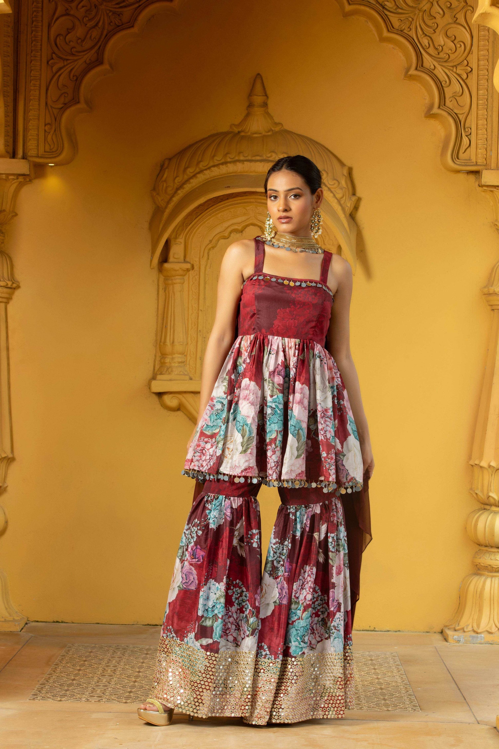 Geeti- Top and Sharara Set Maroon - Monk & Mei