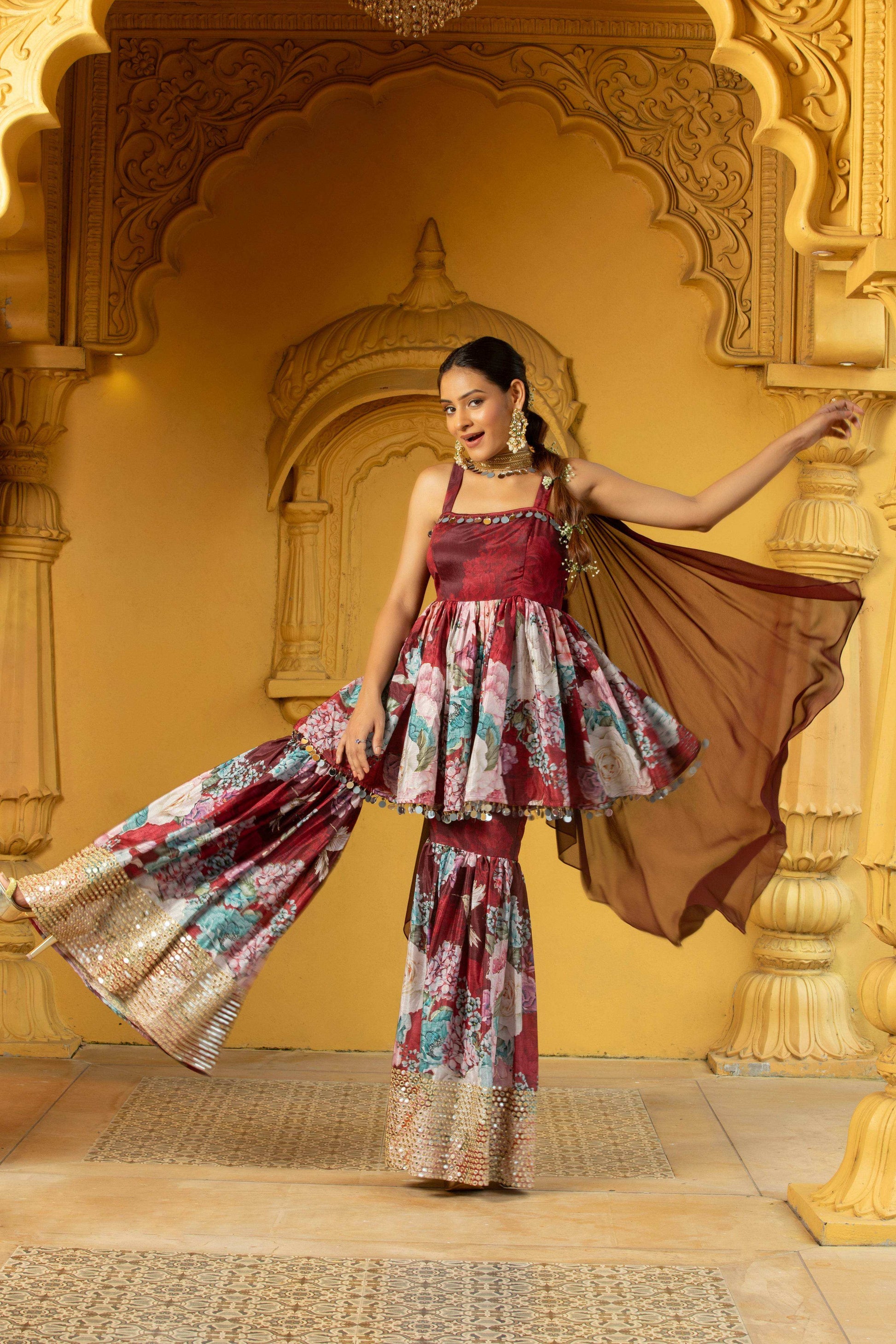 Geeti- Top and Sharara Set Maroon - Monk & Mei