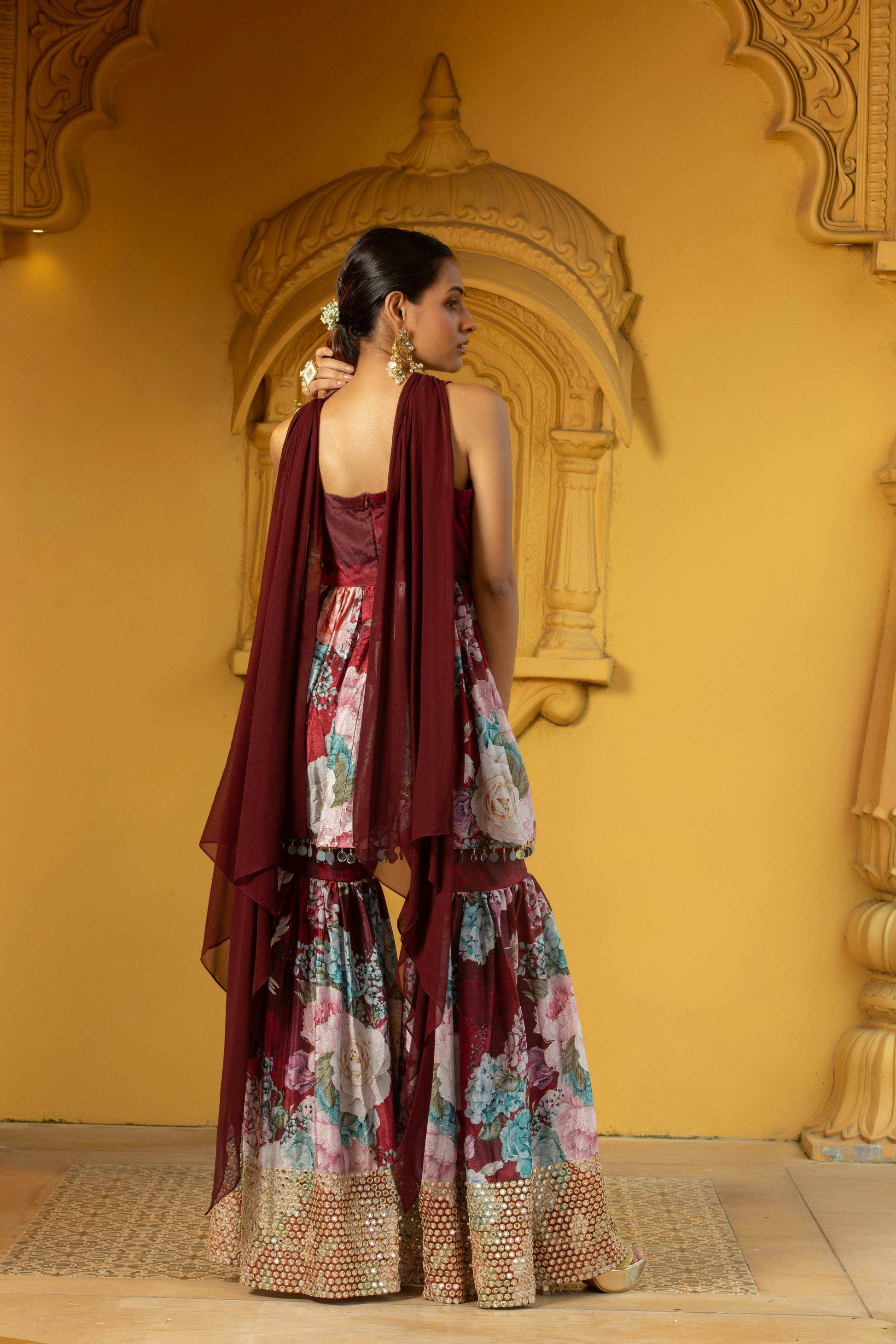 Geeti- Top and Sharara Set Maroon - Monk & Mei