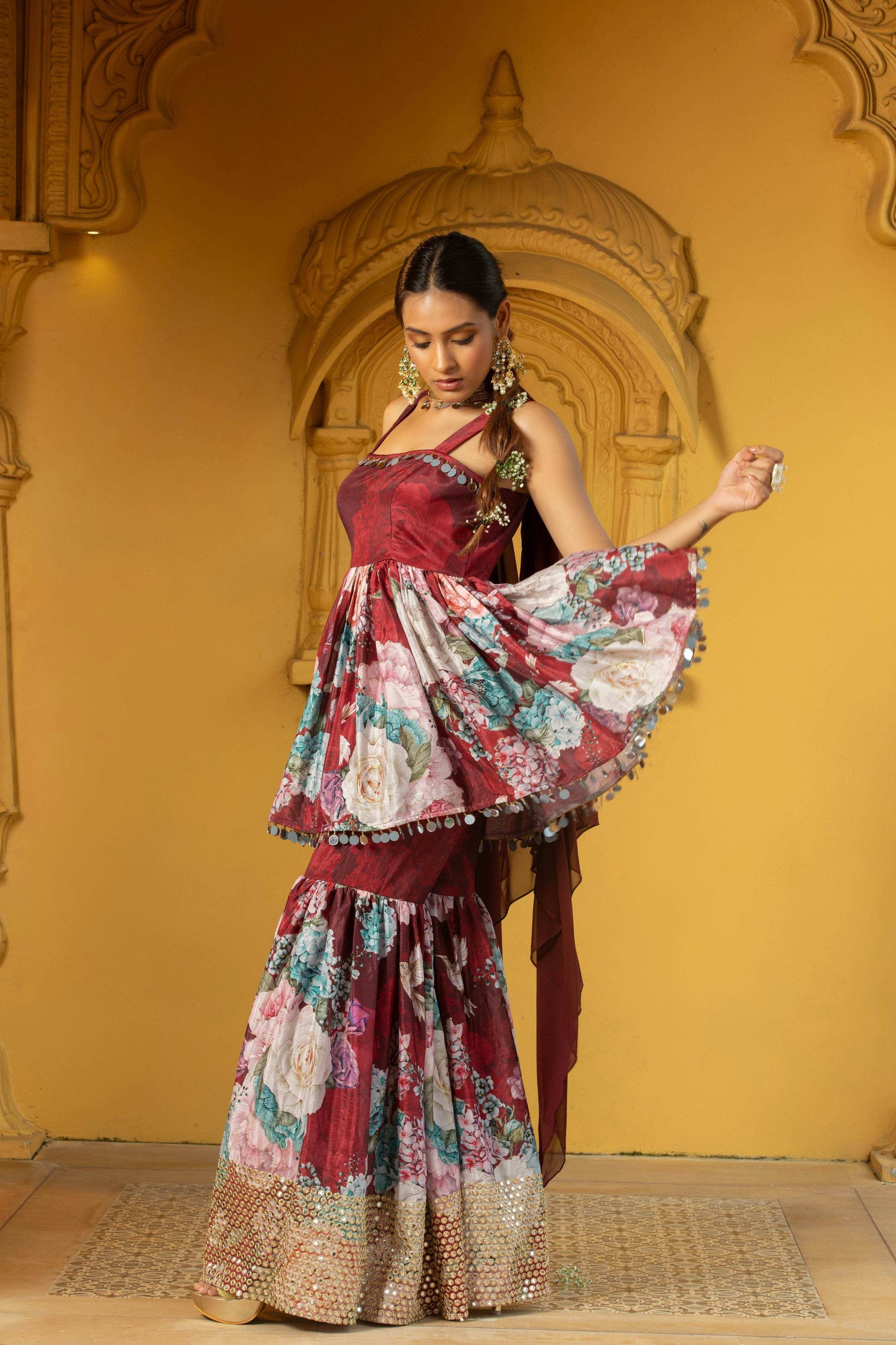 Geeti- Top and Sharara Set Maroon - Monk & Mei