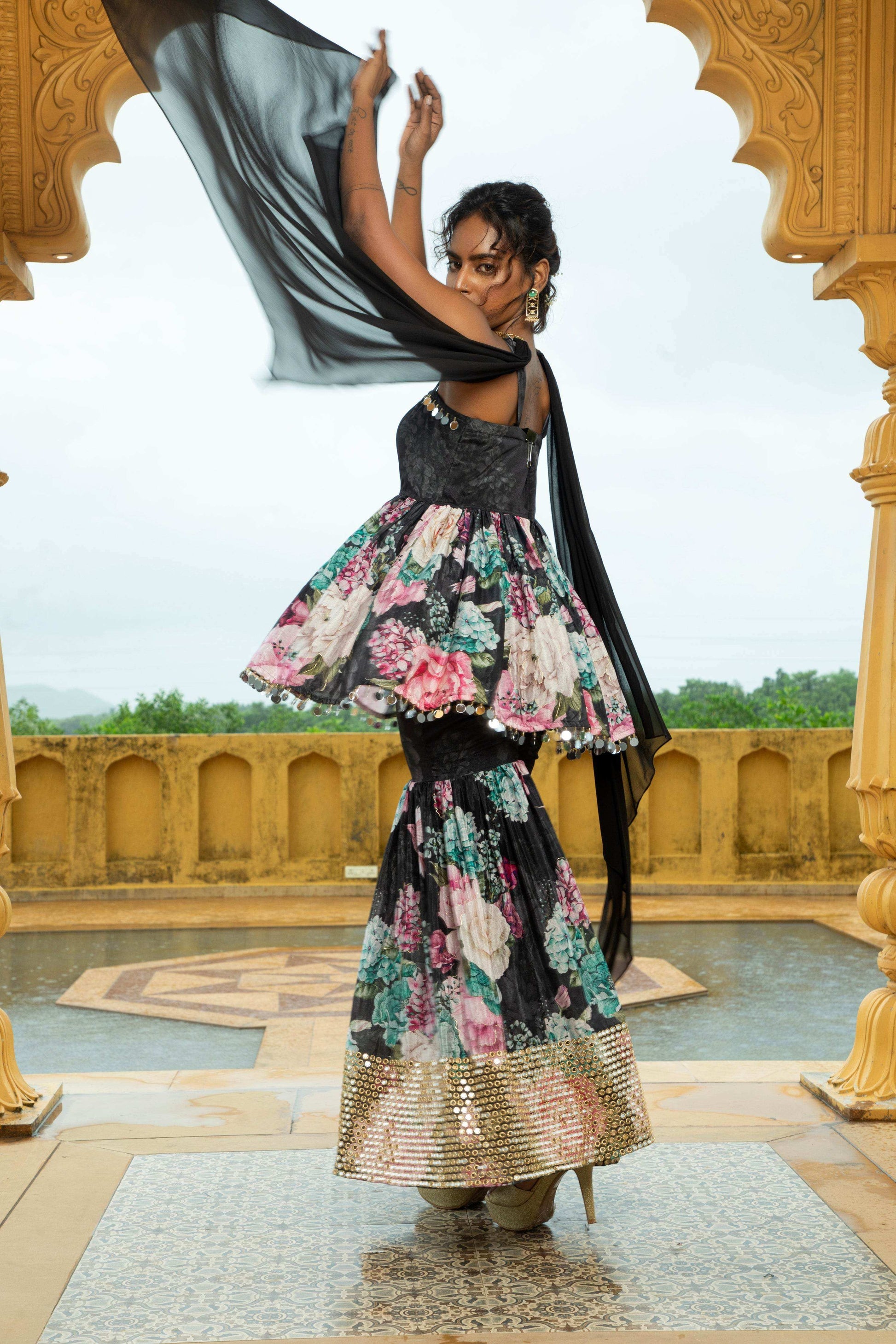 Geeti- Top and Sharara Set Black - Monk & Mei