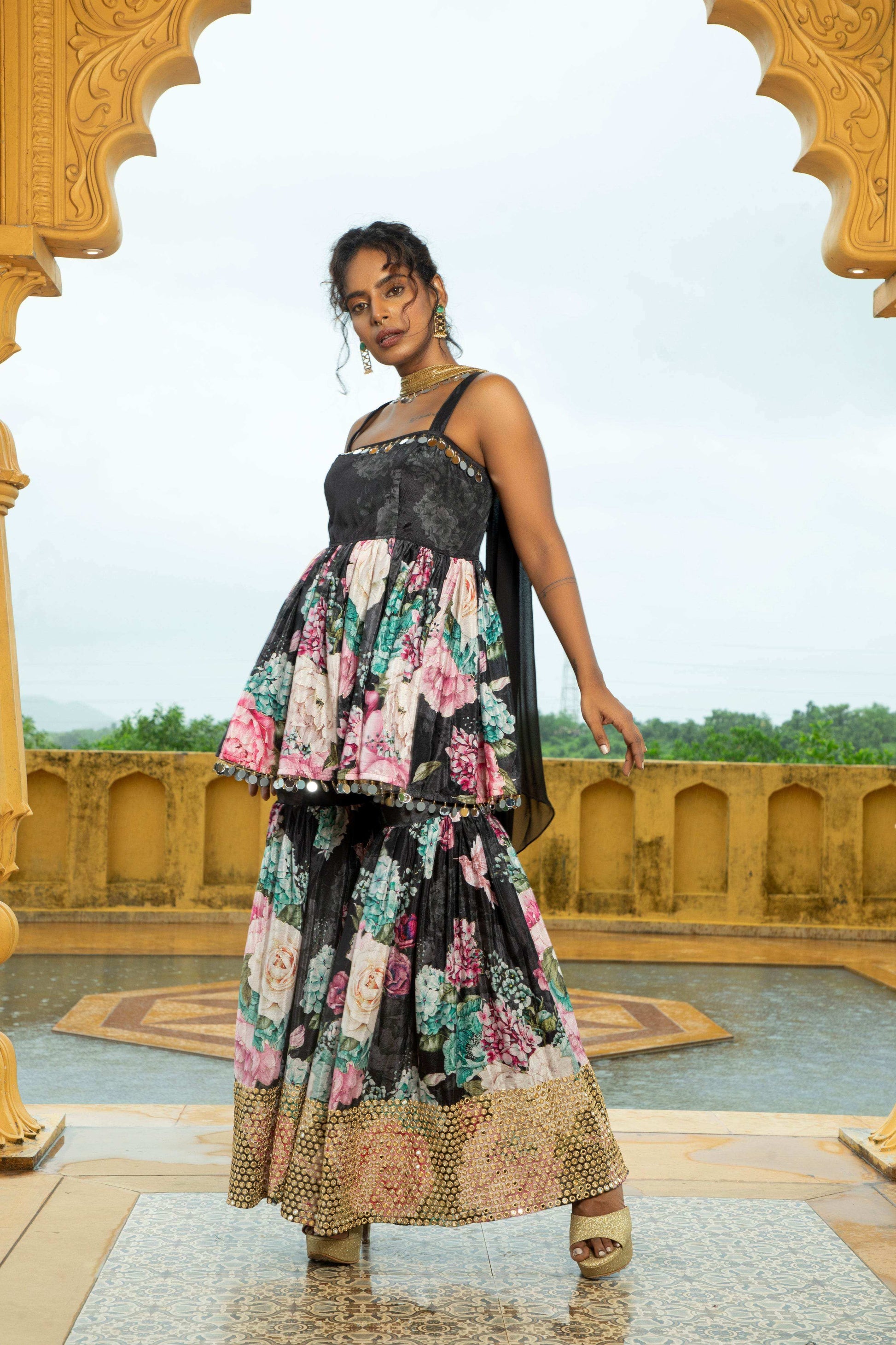 Geeti- Top and Sharara Set Black - Monk & Mei