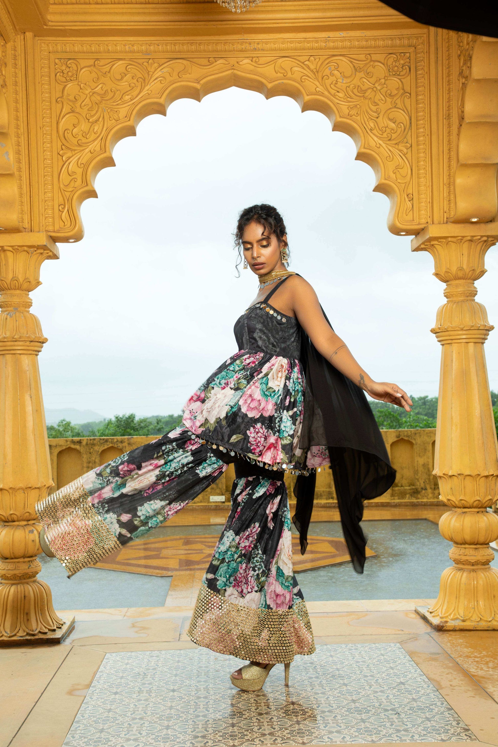 Geeti- Top and Sharara Set Black - Monk & Mei