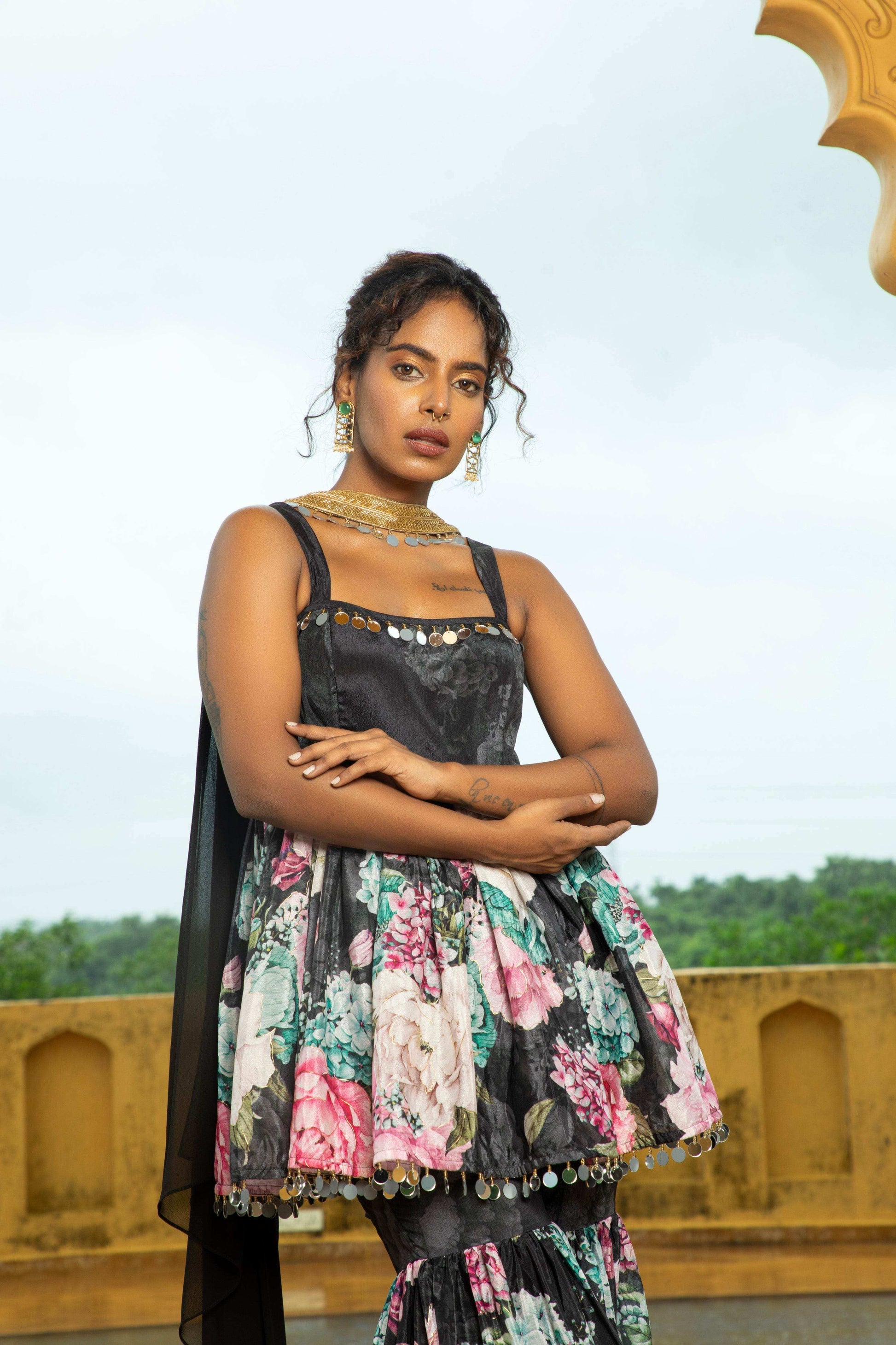 Geeti- Top and Sharara Set Black - Monk & Mei