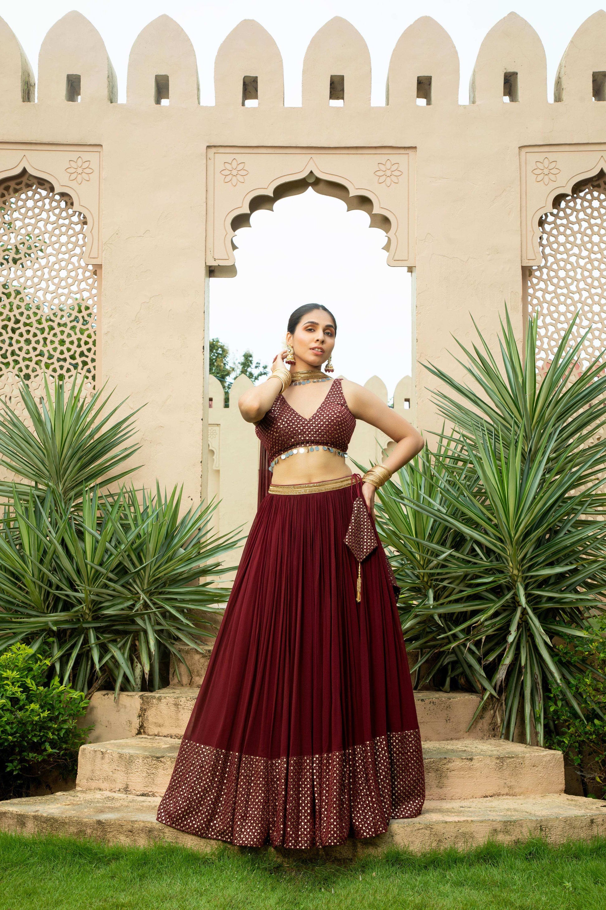 Nadia - Lehenga Set Maroon - Monk & Mei