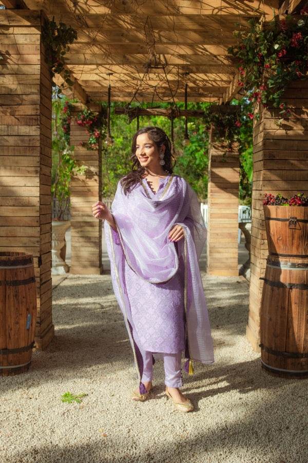 Malak Straight Chikankari Kurta, Pants & Dupatta - Veryperi Violet - Monk & Mei
