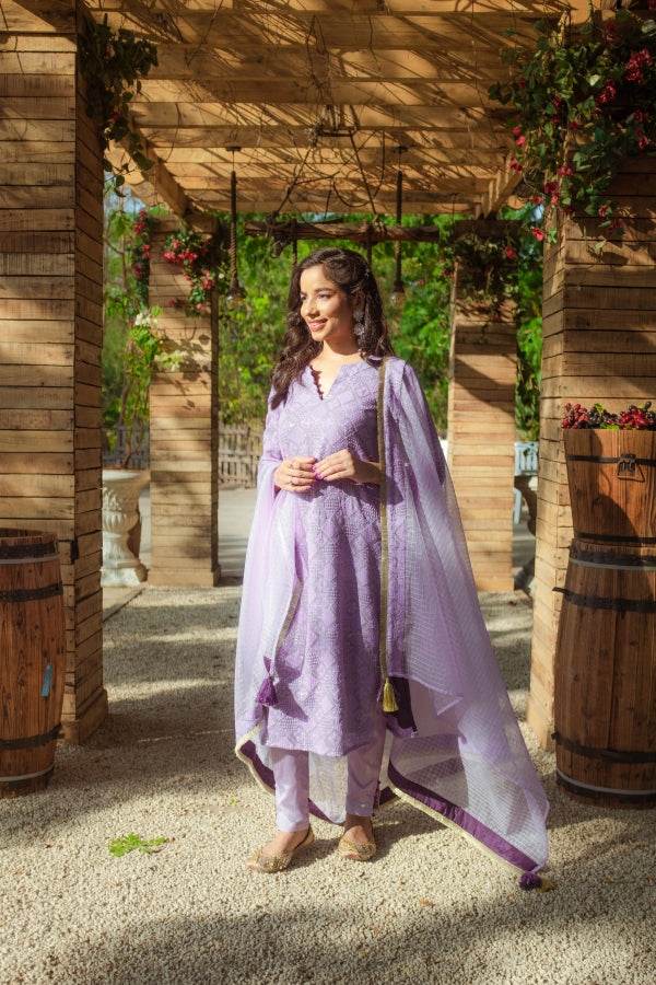 Malak Straight Chikankari Kurta, Pants & Dupatta - Veryperi Violet - Monk & Mei