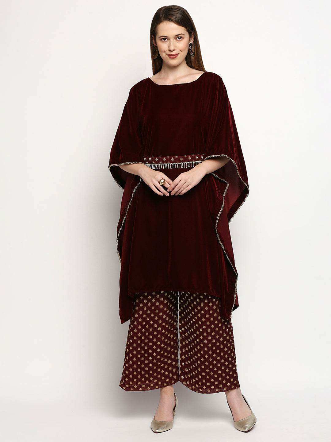 Nuuh Kaftan & Palazzo with Belt - Maroon - Monk & Mei