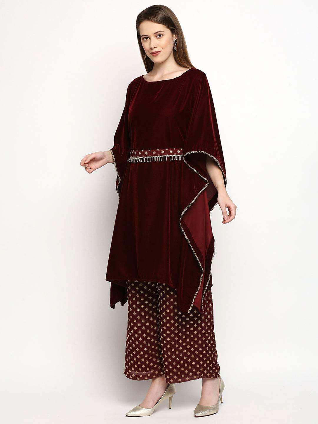 Nuuh Kaftan & Palazzo with Belt - Maroon - Monk & Mei