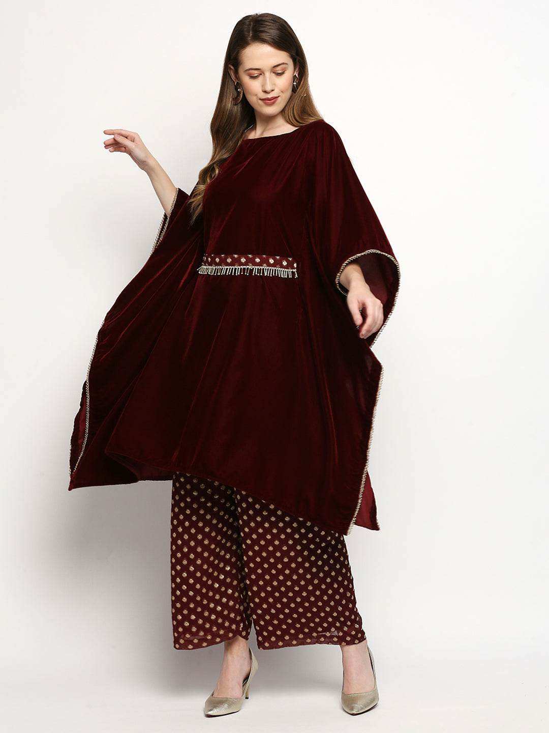 Nuuh Kaftan & Palazzo with Belt - Maroon - Monk & Mei