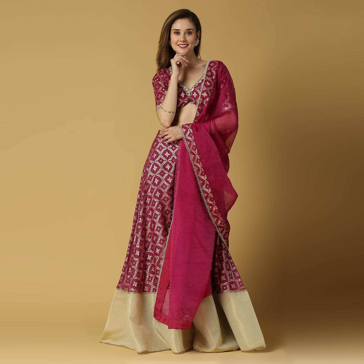 Sevati-Brocade Sharara Blouse Dupatta Set-Plum Purple - Monk & Mei