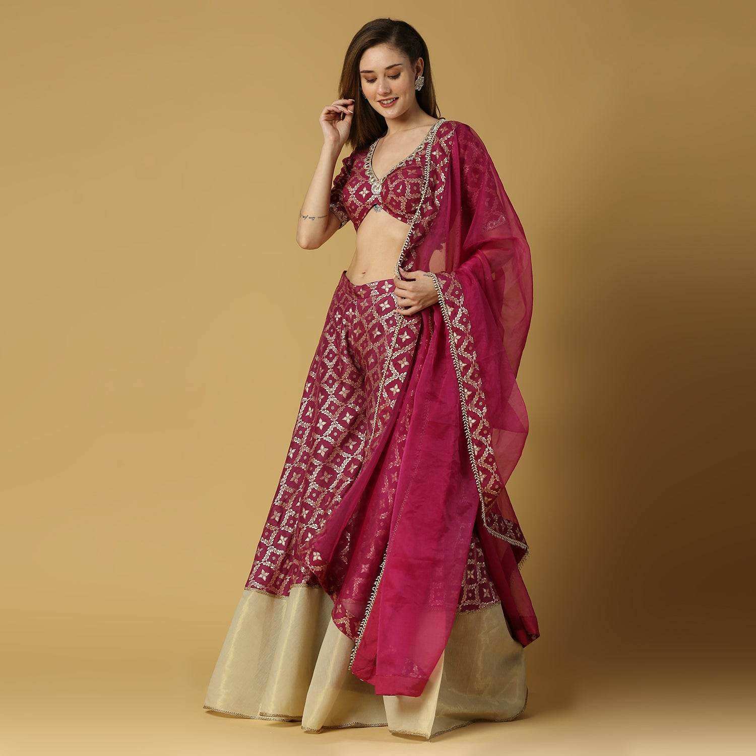 Sevati-Brocade Sharara Blouse Dupatta Set-Plum Purple - Monk & Mei