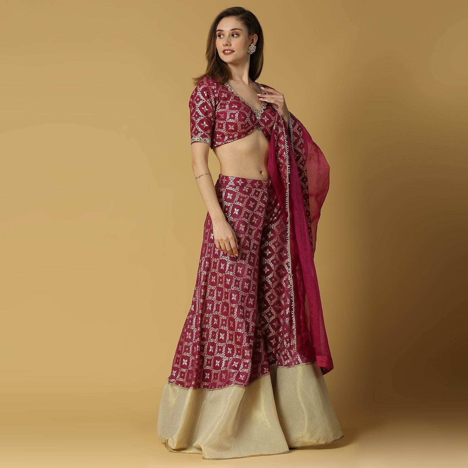 Sevati-Brocade Sharara Blouse Dupatta Set-Plum Purple - Monk & Mei