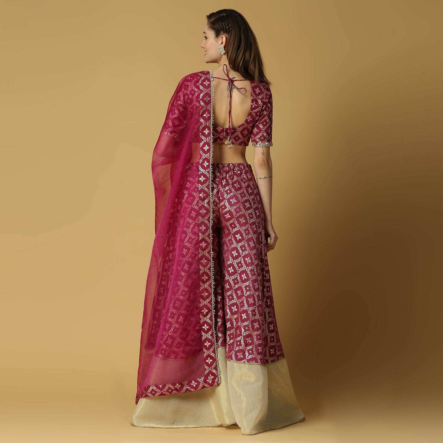 Sevati-Brocade Sharara Blouse Dupatta Set-Plum Purple - Monk & Mei