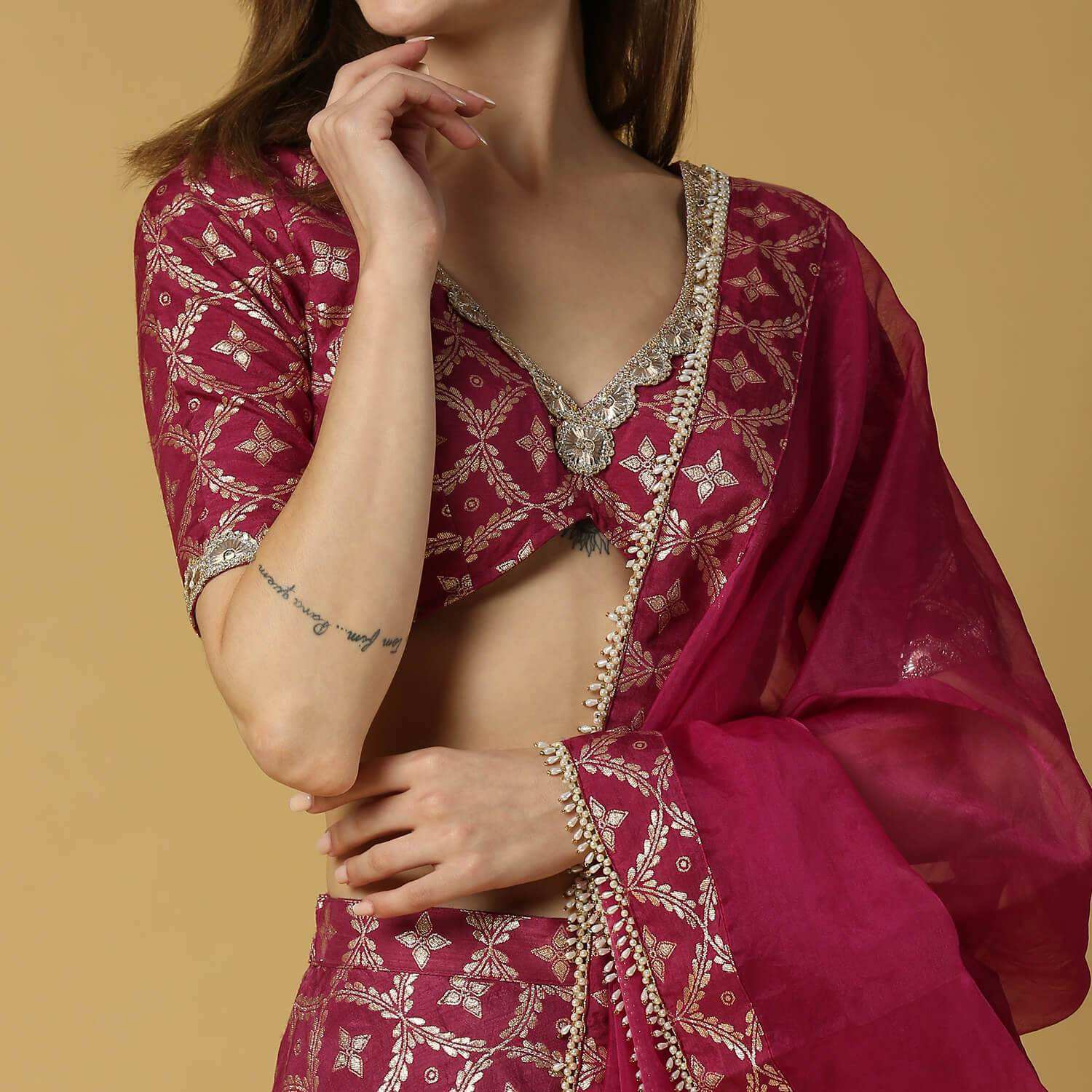 Sevati-Brocade Sharara Blouse Dupatta Set-Plum Purple - Monk & Mei