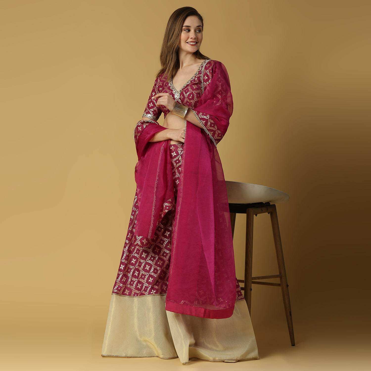 Sevati-Brocade Sharara Blouse Dupatta Set-Plum Purple - Monk & Mei