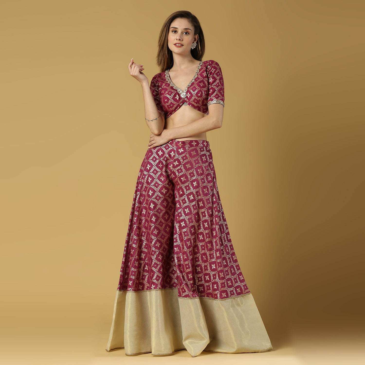 Sevati-Brocade Sharara Blouse Dupatta Set-Plum Purple - Monk & Mei