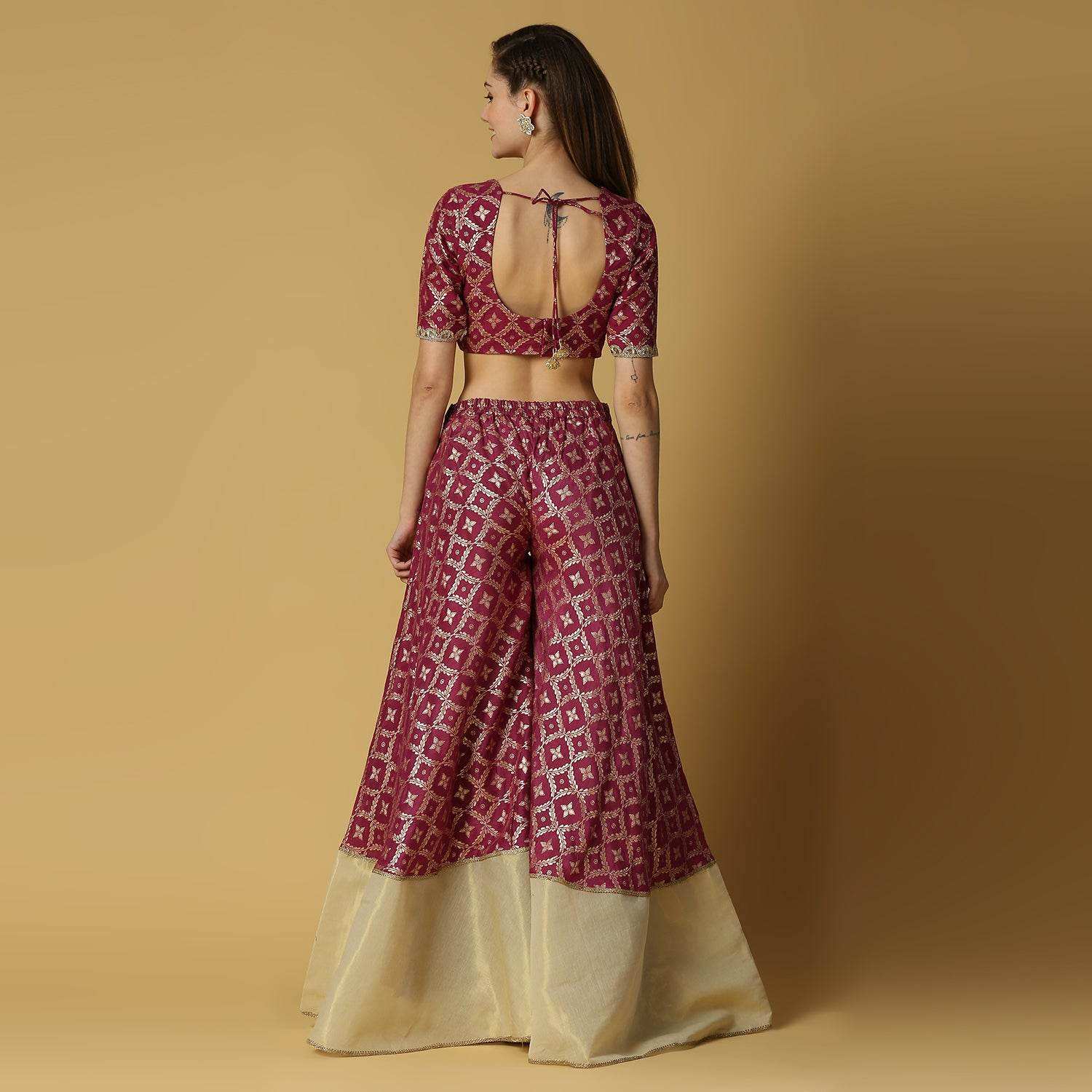 Sevati-Brocade Sharara Blouse Dupatta Set-Plum Purple - Monk & Mei