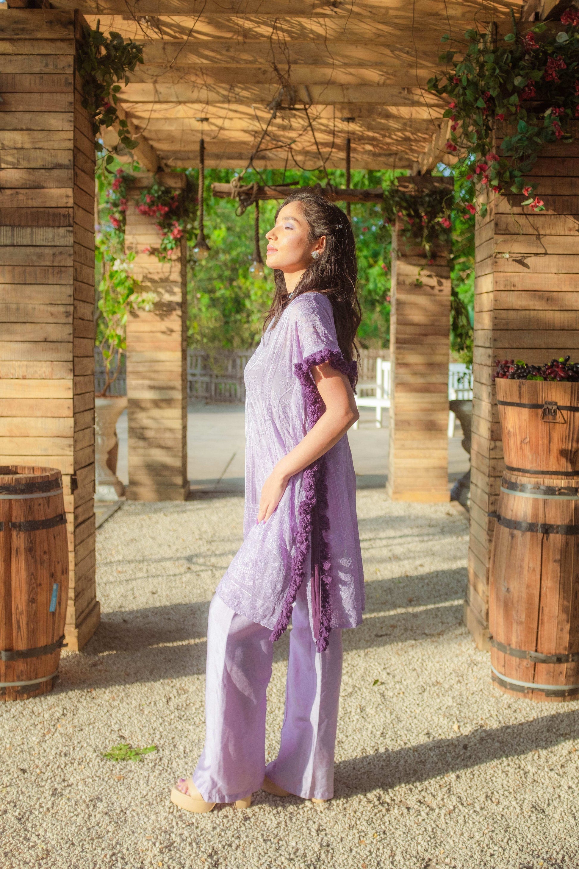 Begum Chikankari Kaftan & Pants - Veryperi Violet - Monk & Mei