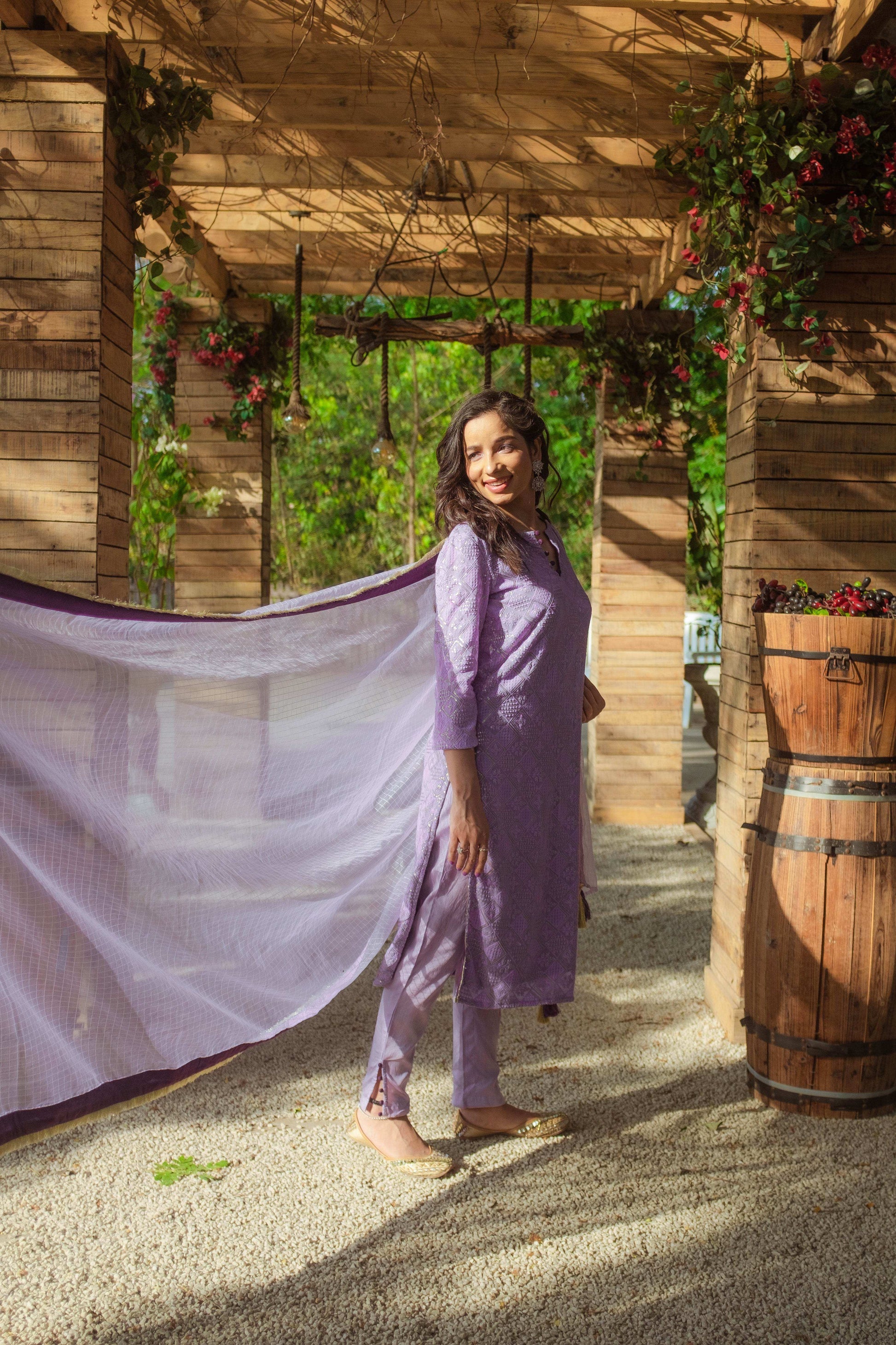 Malak Straight Chikankari Kurta, Pants & Dupatta - Veryperi Violet - Monk & Mei
