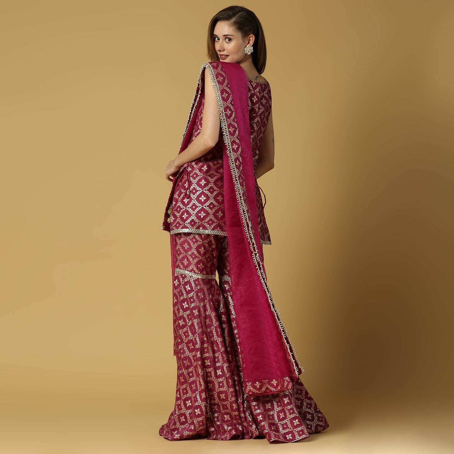 Vani-Kurta, Sharara & Dupatta-Plum Purple - Monk & Mei