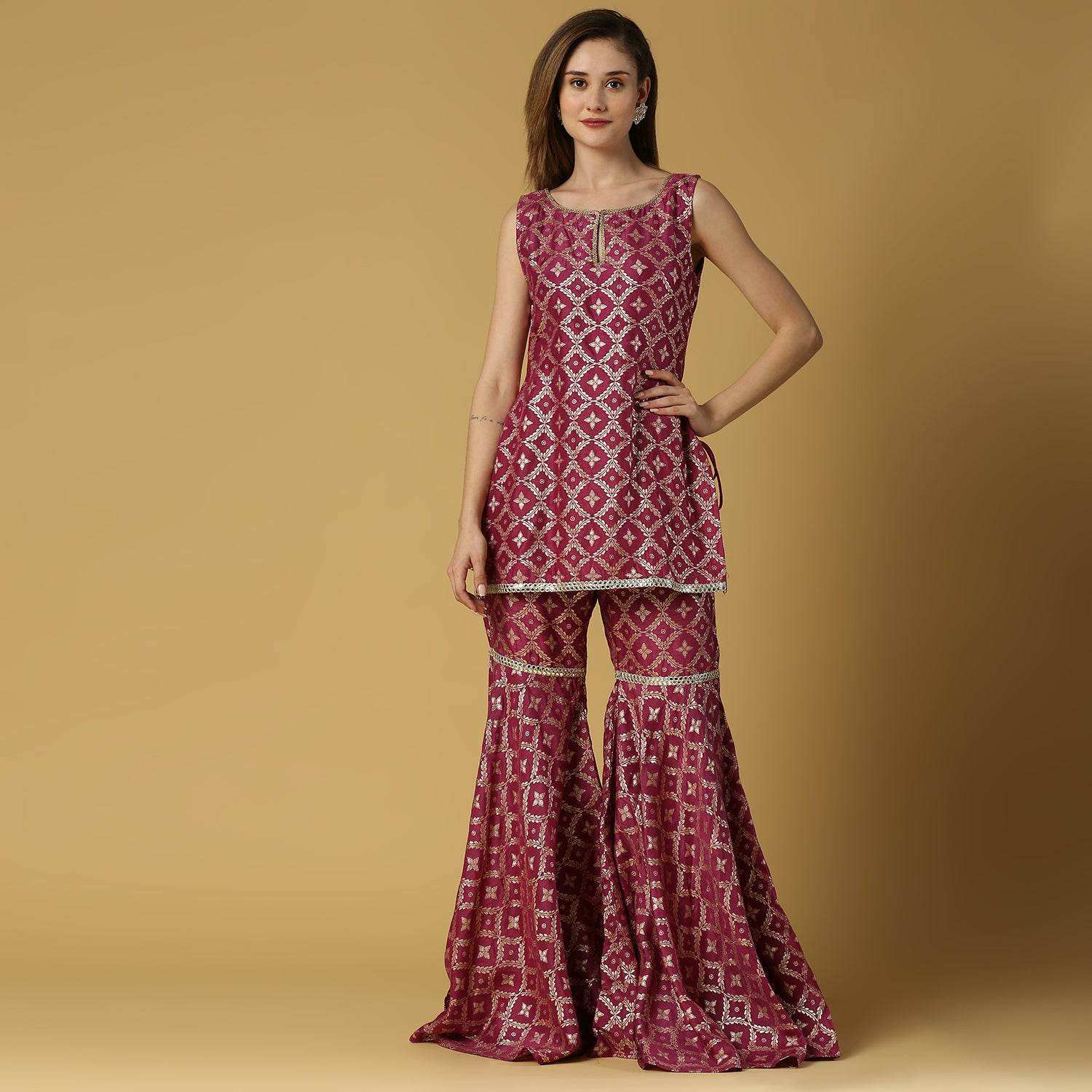 Vani-Kurta, Sharara & Dupatta-Plum Purple - Monk & Mei