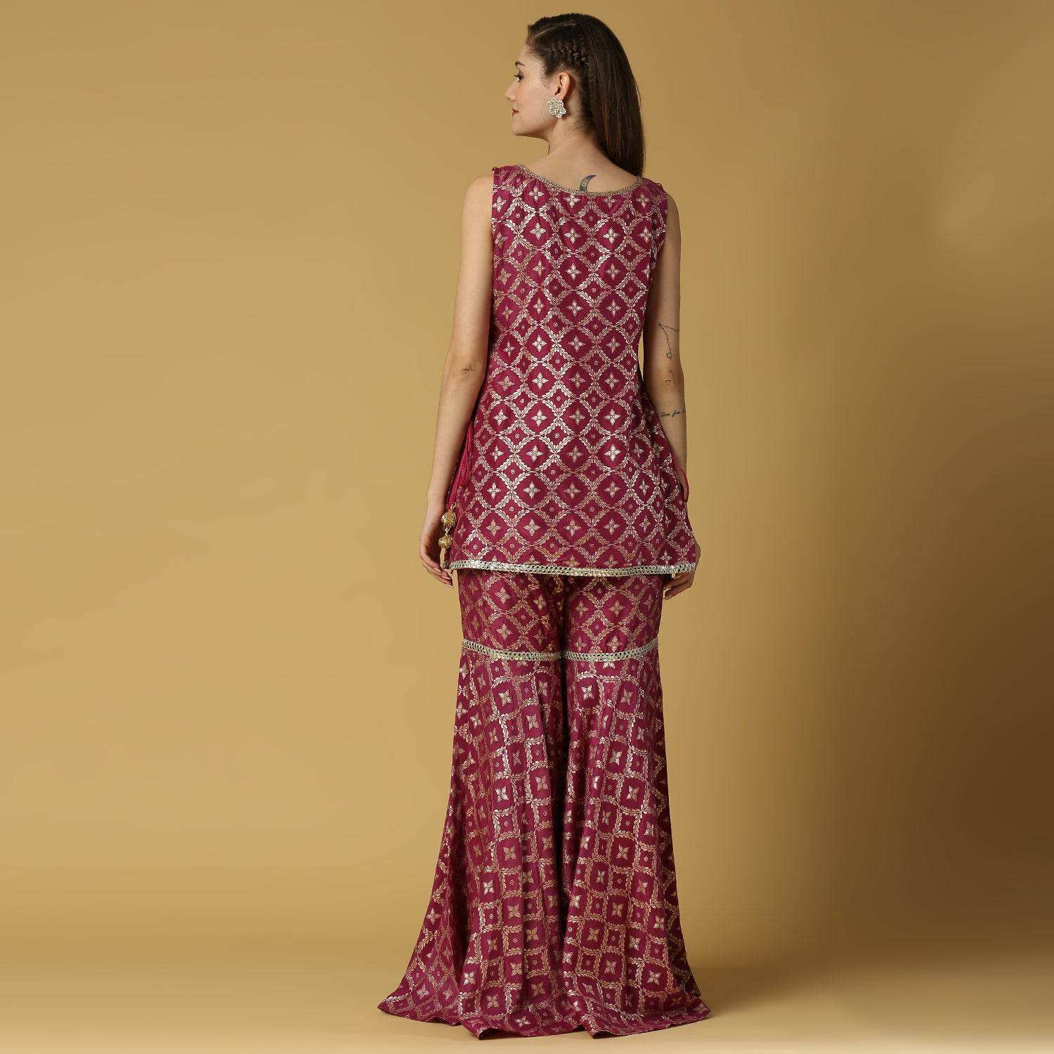 Vani-Kurta, Sharara & Dupatta-Plum Purple - Monk & Mei